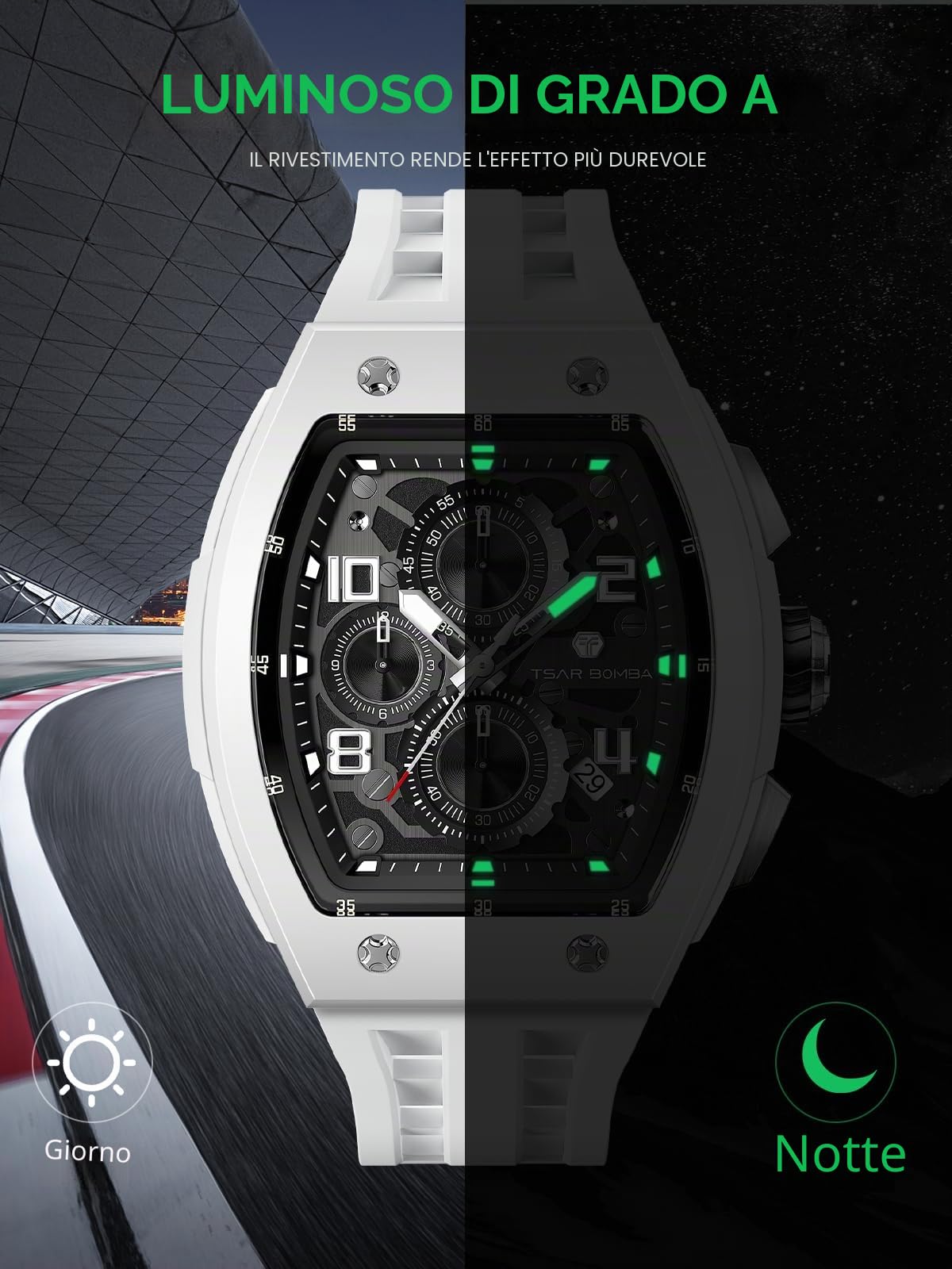 TSAR BOMBA Orologio Uomo Tonneau Lusso Quadrato Orologio da polso Uomo Cristallo di zaffiro Giapponese Movimento al quarzo Cinturino in Silicone 50M Impermeabile Cronografo Regalo per gli Uomini