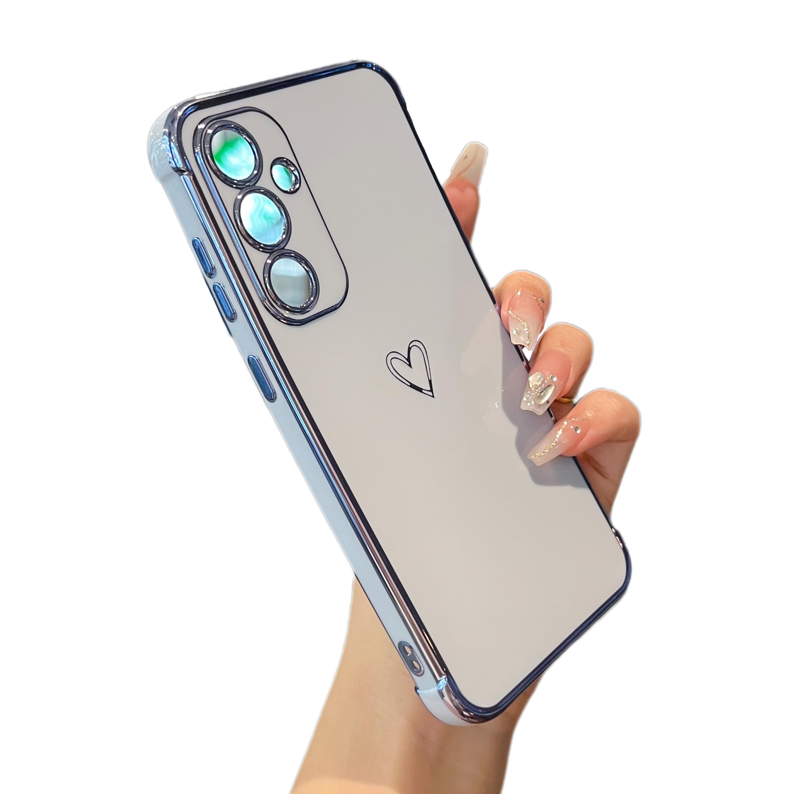 ZTOFERA Designed for Samsung Galaxy S23 FE 5G Case,Cute Plating Edge Love Hearts Pattern with Camera Lens Protection Phone Cover for Girls Women,Blue