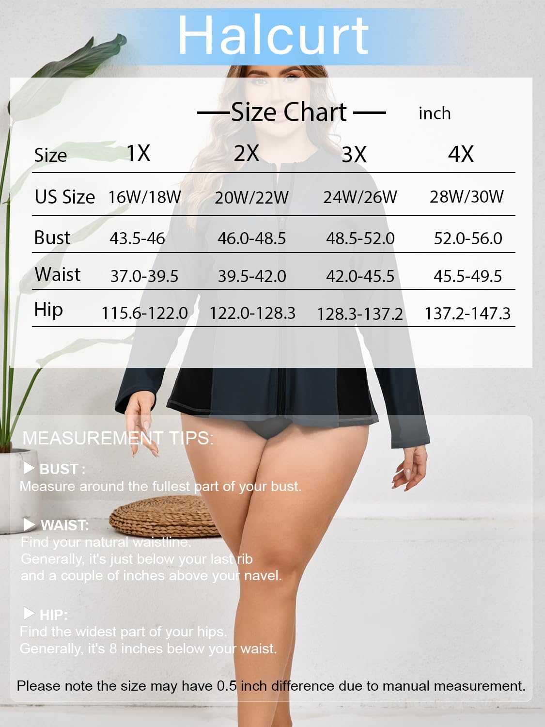 Halcurt Camiseta de manga larga para mujer, talla grande, con cremallera completa, UPF50+, ajuste holgado, traje de baño de secado rápido