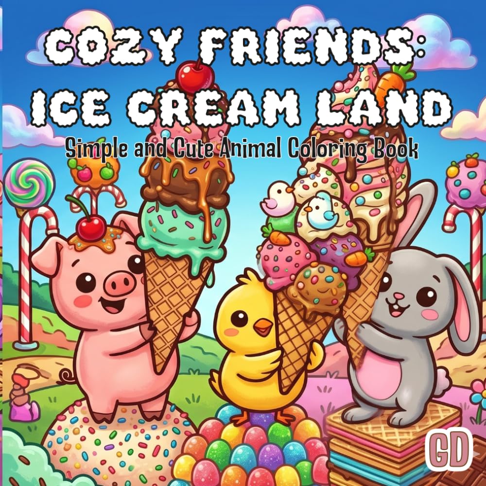 Cozy Friends Ice Cream Land: Sweet Adventures with Bunny, Chick & Piglet: Ice Cream Land Coloring Book for Kids