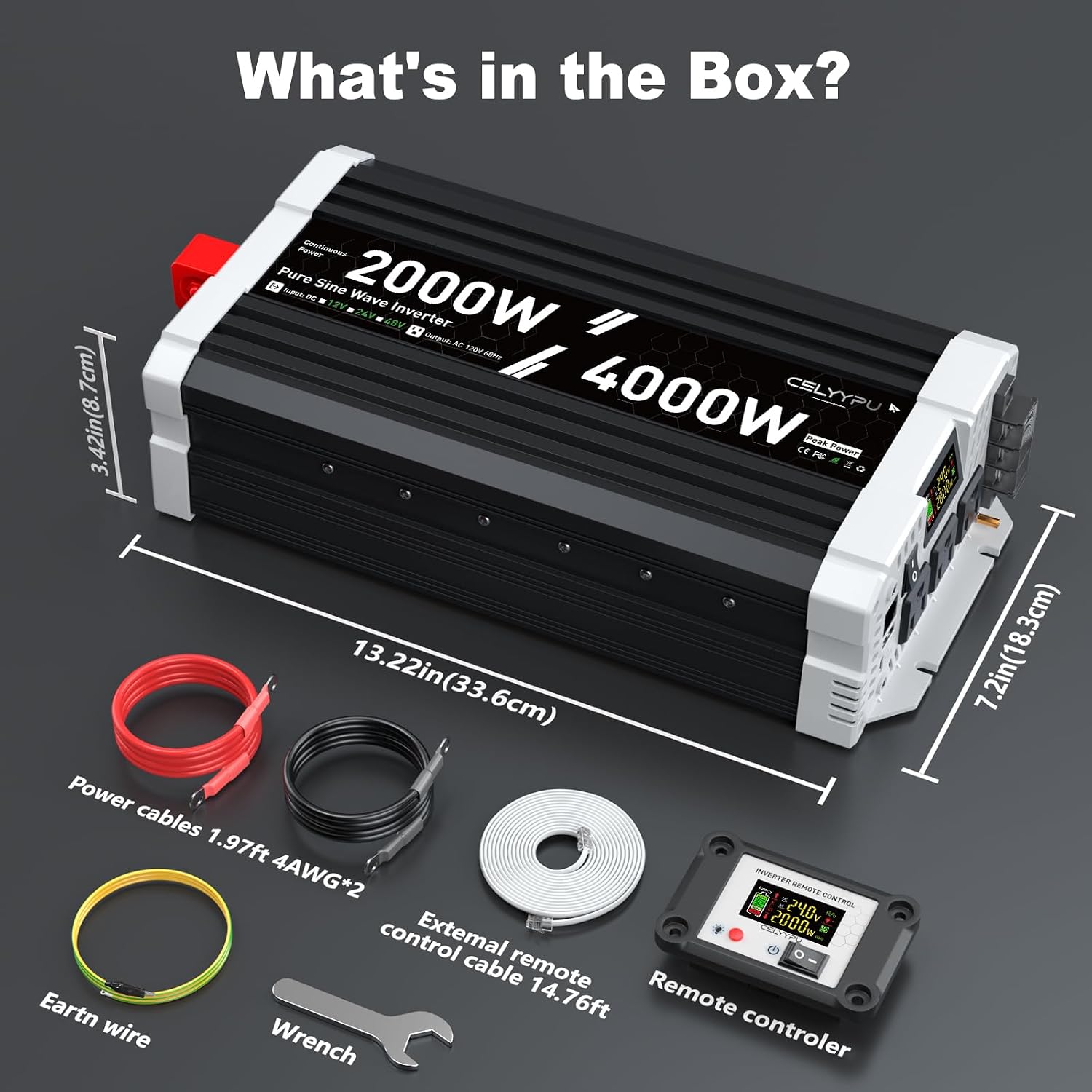 24V Inverter 2000 Watt Inverter, Pure Sine Wave Inverter, Power Inverter with Remote Control, 24V DC to 110V AC, 3 AC Outlets, USB & Type-C Ports, LCD Display for RV, Solar, Home Backup Power