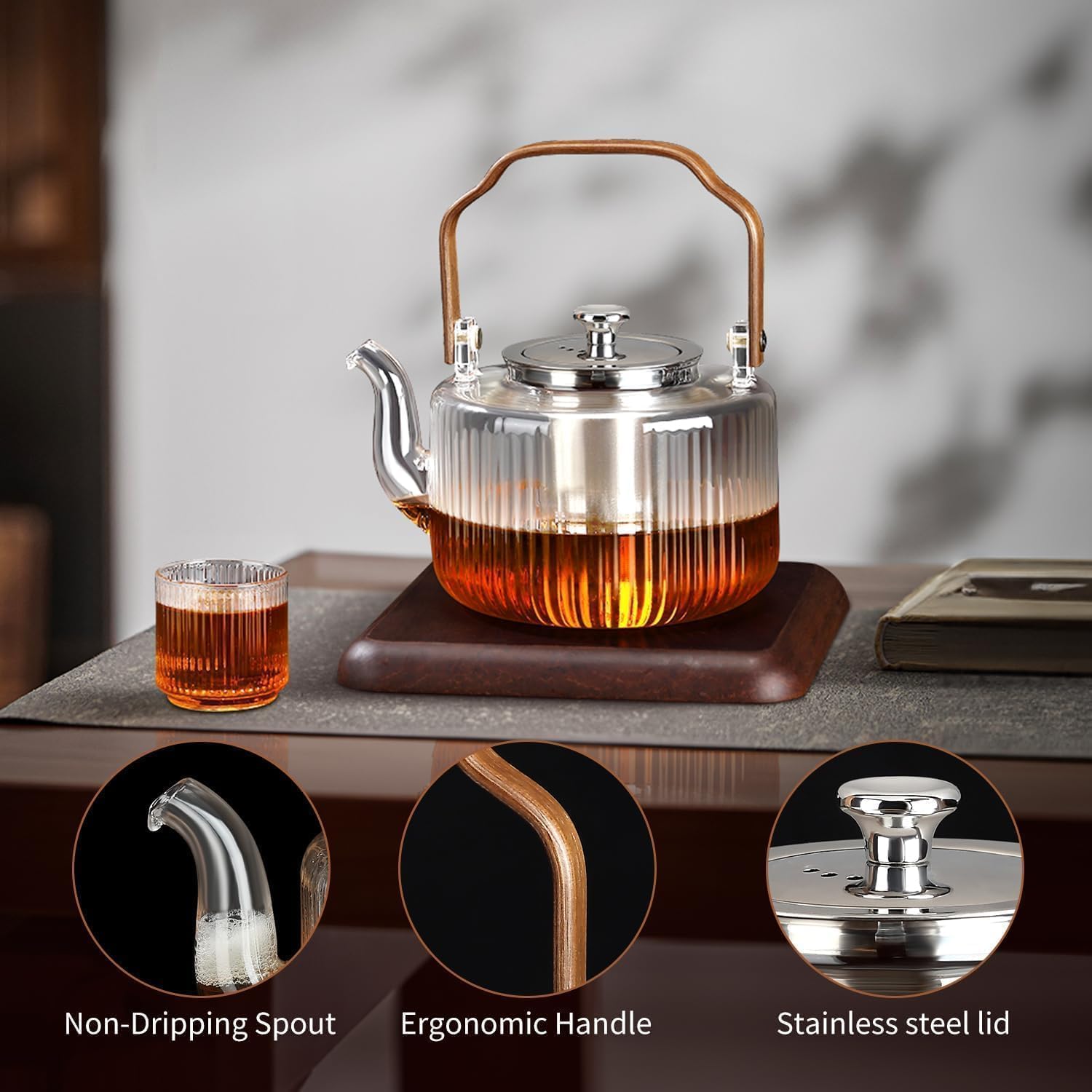 Amazon.co.jp: Vintage Glass Teapot Set with 4 Teacups, Ribbed