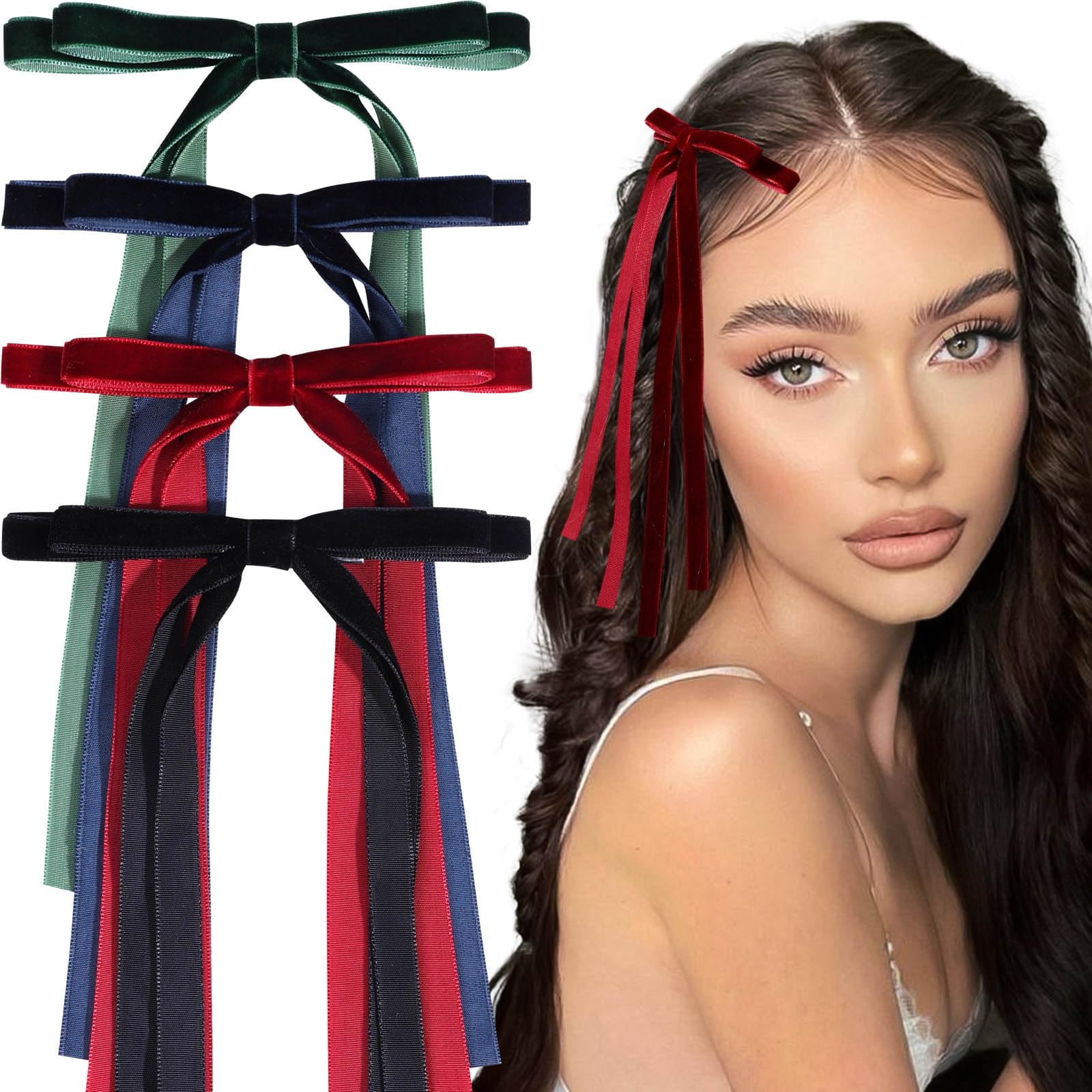 VOBOBE 4PCS Hair Bows for Women Girls, Velvet Tassel Ribbon Bowknot Hair Clips Barrettes for Girl with Long Tail, Solid Hair Accessories (Black+Red+Navy+Green-Velvet)
