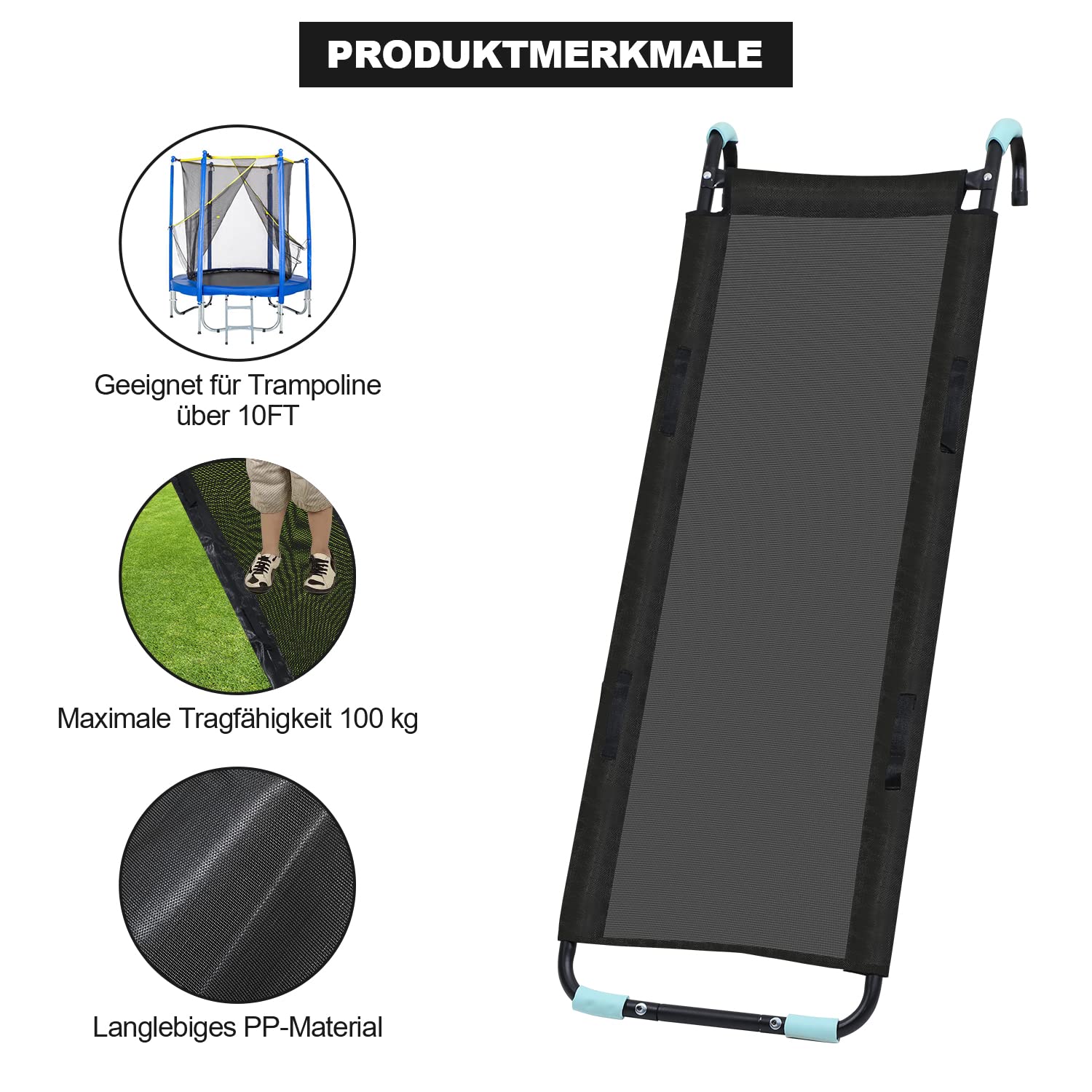 Gimisgu Zjeżdżalnia do trampoliny 150 cm, łatwy montaż, bezpieczna drabinka, wystarczająco szeroka, uniwersalne akcesoria do trampoliny dla dzieci, obciążenie 100 kg