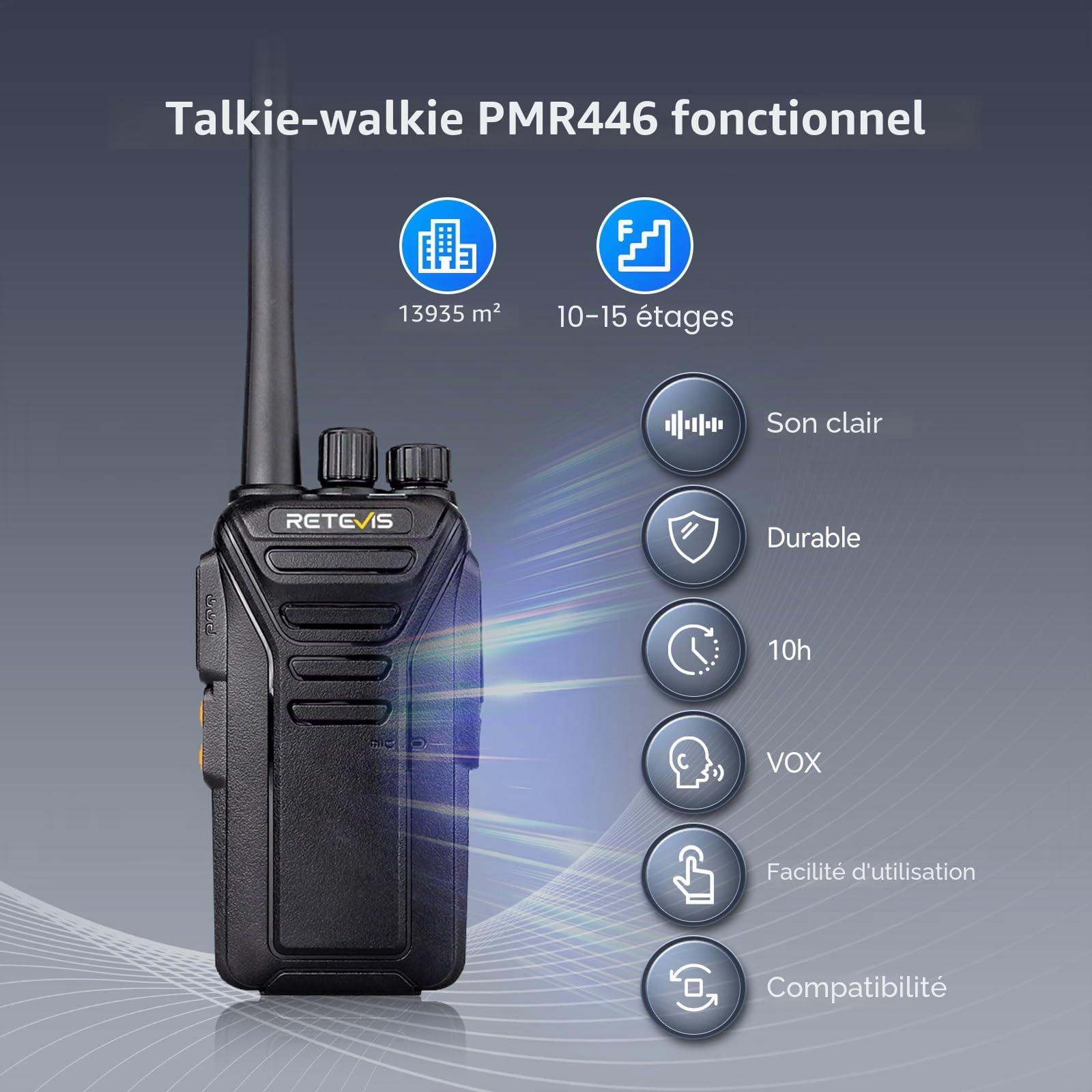 Retevis RT27 Talkie Walkie Longue Portée, Talkie-Walkie Rechargeable, PMR446 sans Licence, Professionnel Radios et Oreillette pour Service de Sécurité, Distributeur, Grossiste (10 pcs)