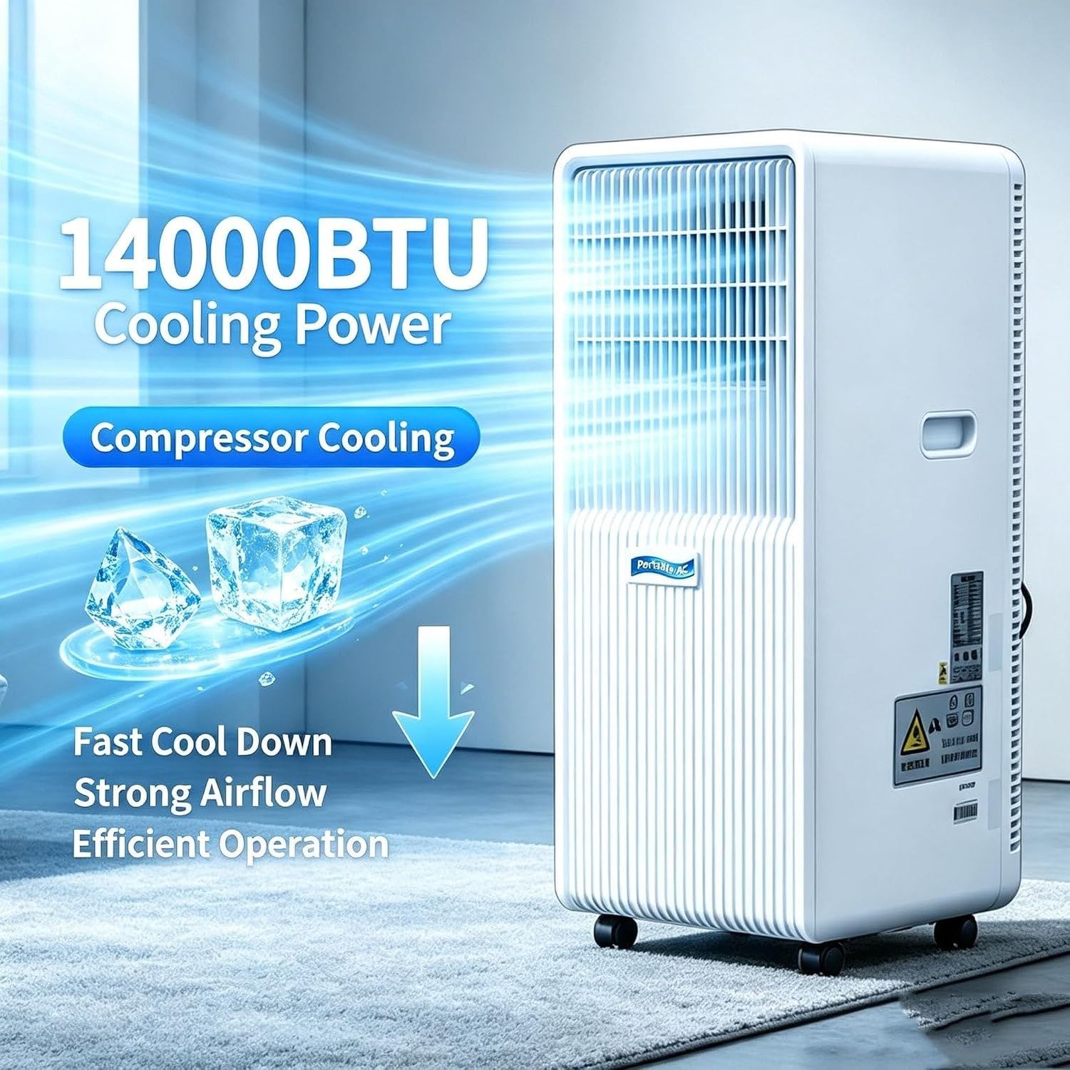 Condizionatore Portatile 9000 BTU con Telecomando, Timer 24H, modalità Sleep, Kit Finestra, 2 velocità e 3 modalità per Uso Domestico e Ufficio, 14000 BTU, 14000 BTU