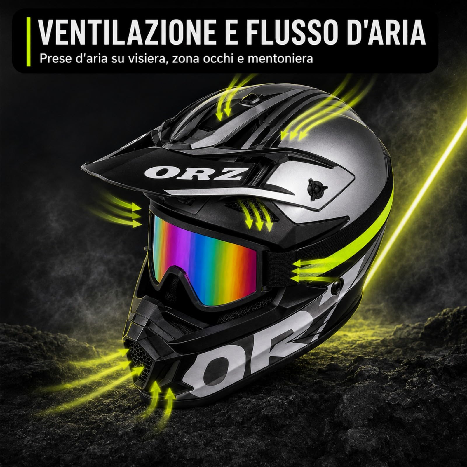Casco Cross argento, nero e giallo neon con Occhiali e Guanti