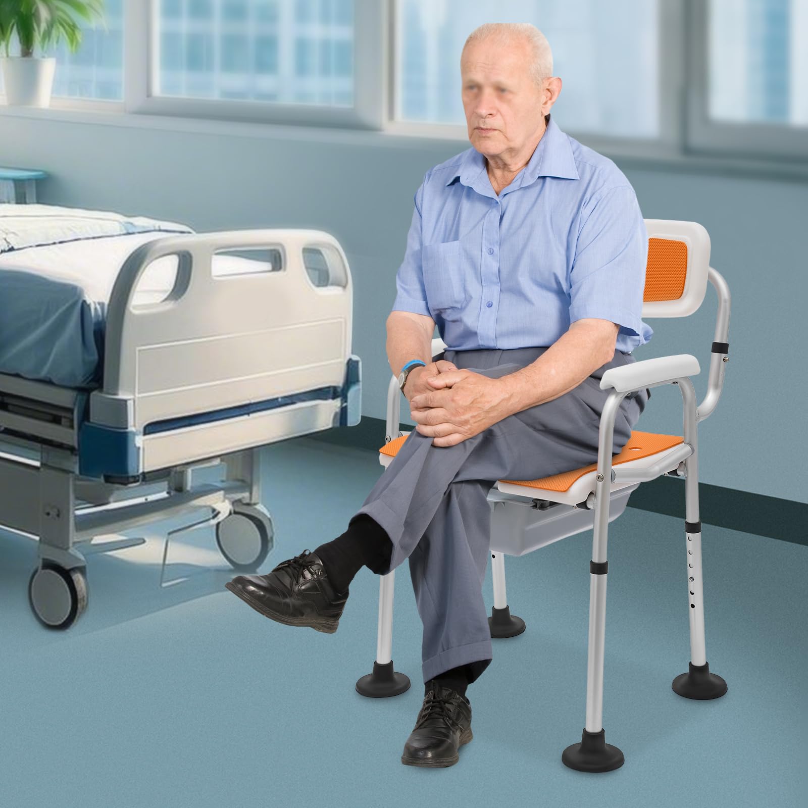 Krzesło toaletowe dla seniorów, z podłokietnikami i oparciem, z regulacją wysokości, nośność 150 kg, ruchome krzesło toaletowe dla chorych, osób starszych, niepełnosprawnych (pomarańczowe)