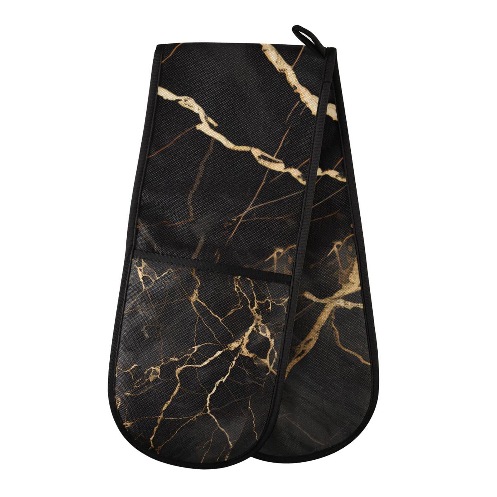 Oven Gloves Double Oven Gloves Black Marble Gold Fluid Marble Oven Mitts Pot Holder Heat Resistant Quilted for BBQ Baking Kitchen Cooking Gloves
