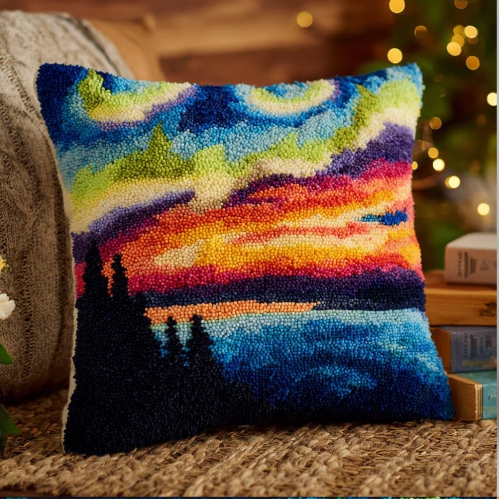 AxiangziK Latch Hook Pillow Kit,Aurora 43X43Cm DIY Cushion Cover
