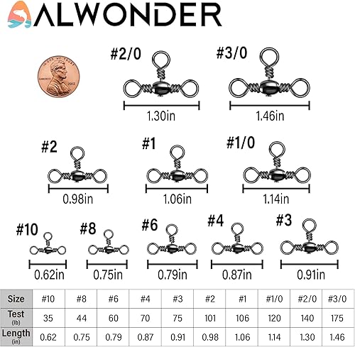 Miniatura 2 de Alwonder Paquete de 50 unidades de pesca de 3 vías giratorias de 35 a 175 libras, de acero inoxidable de alta resistencia, giratorio de tres vías