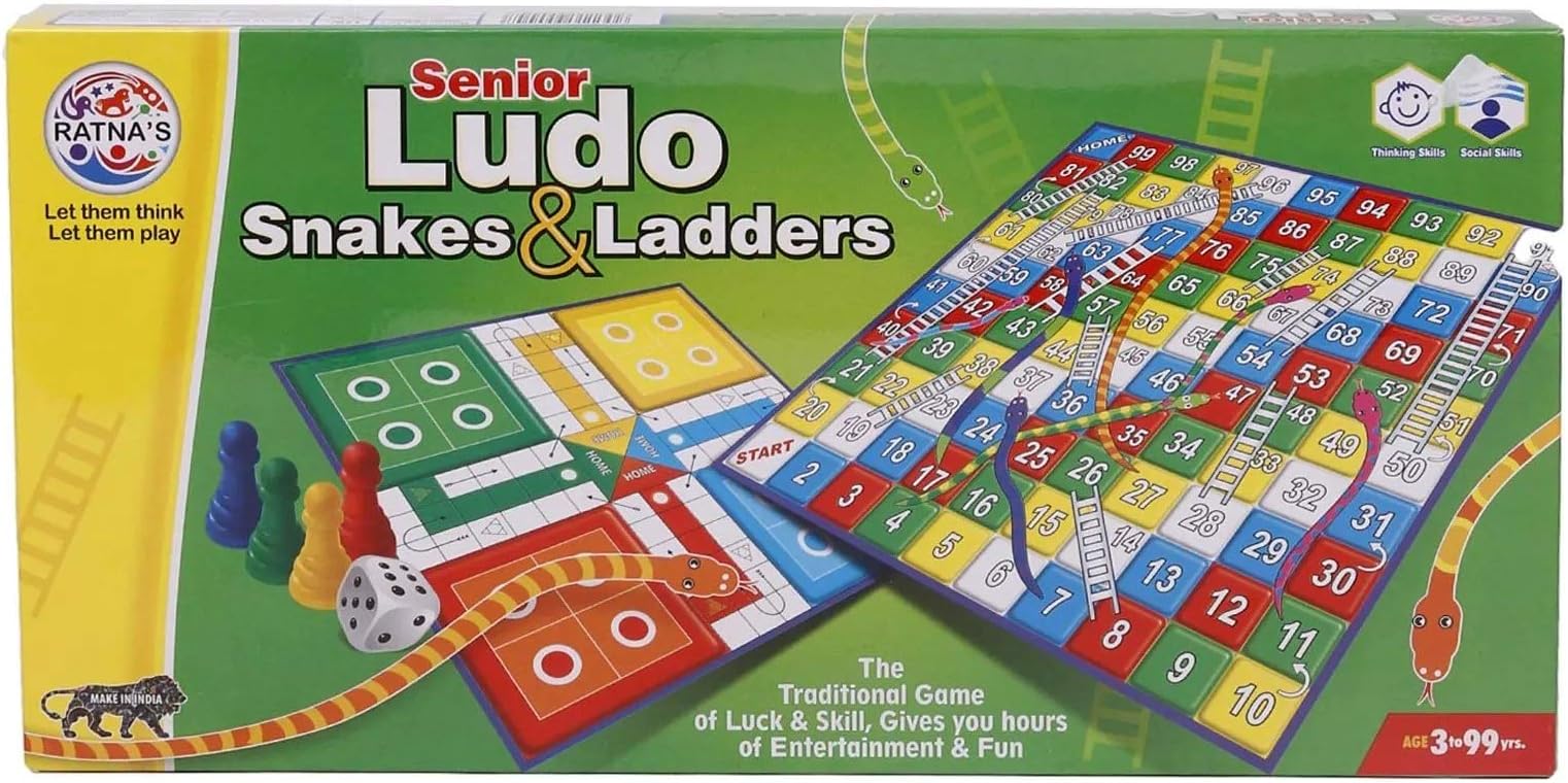Ratna's Senior Ludo Snakes & Ladders 2 in 1 Classic Board Game, Dual Sided, for Ages 5 to 99 Years