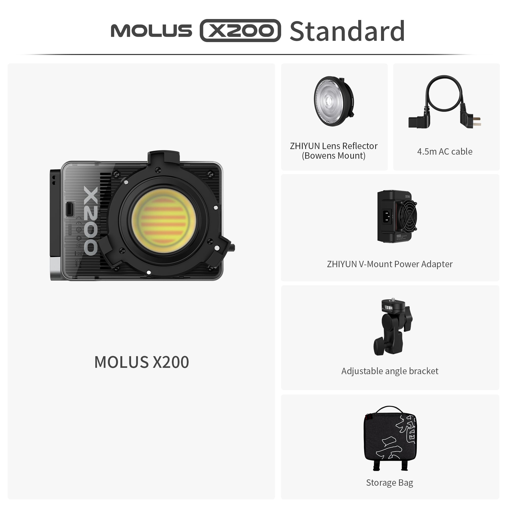 ZHIYUN MOLUS X200 Bicolor Standard [Oficial] Luz de Video 200W sin Batería | Iluminación de Salida Continua Portátil Iluminación Fotográfica Profesional,Montura Bowens, 2700K~6500K, CRI≥95/TLCI≥97, 800g