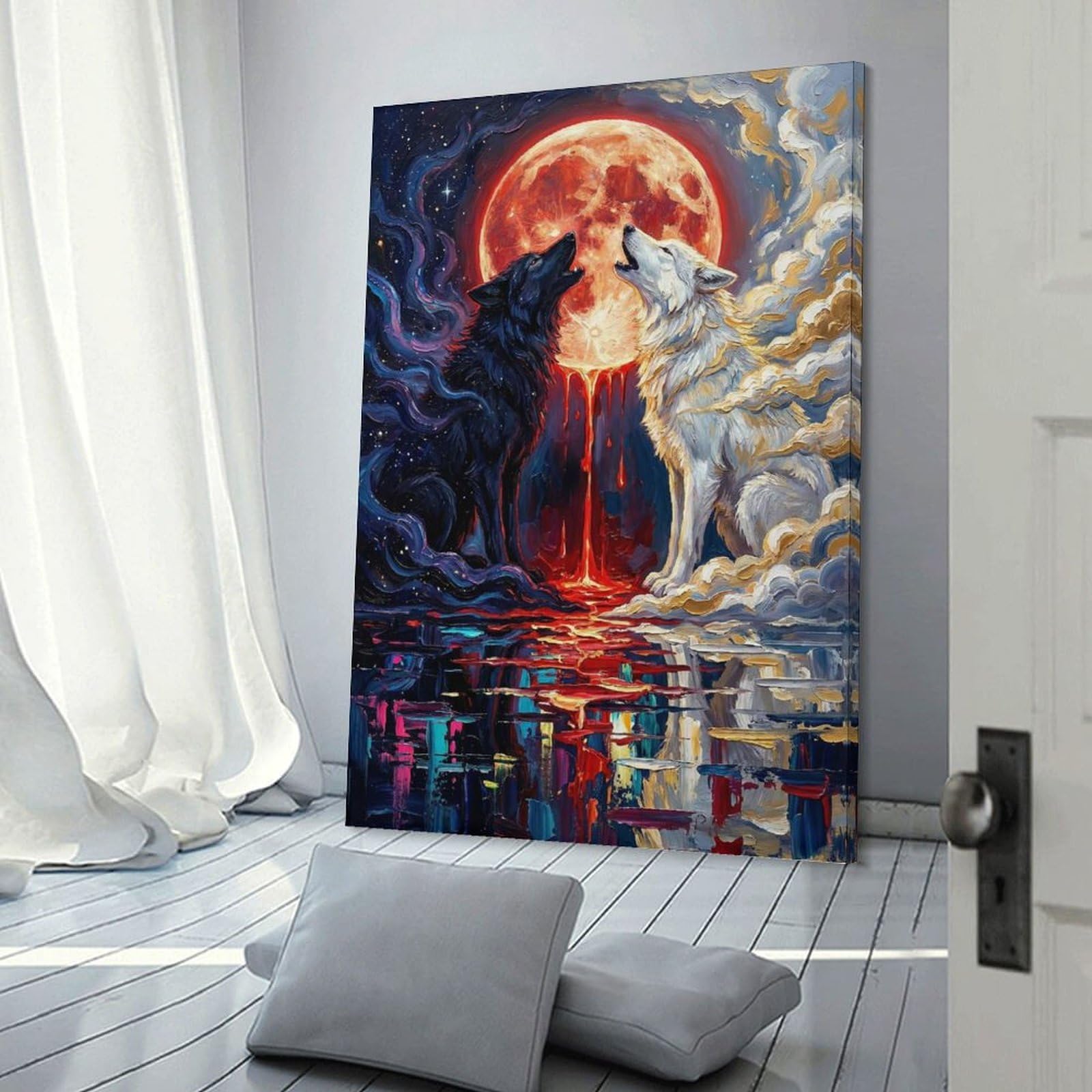 Junmoney Decorative Wall Artwork Wolves Howling at The Blood Moon, 20x30inch(50x75cm), for New Homes, Bedrooms Or Workspaces, Canvas Artwork with Gifting Potential