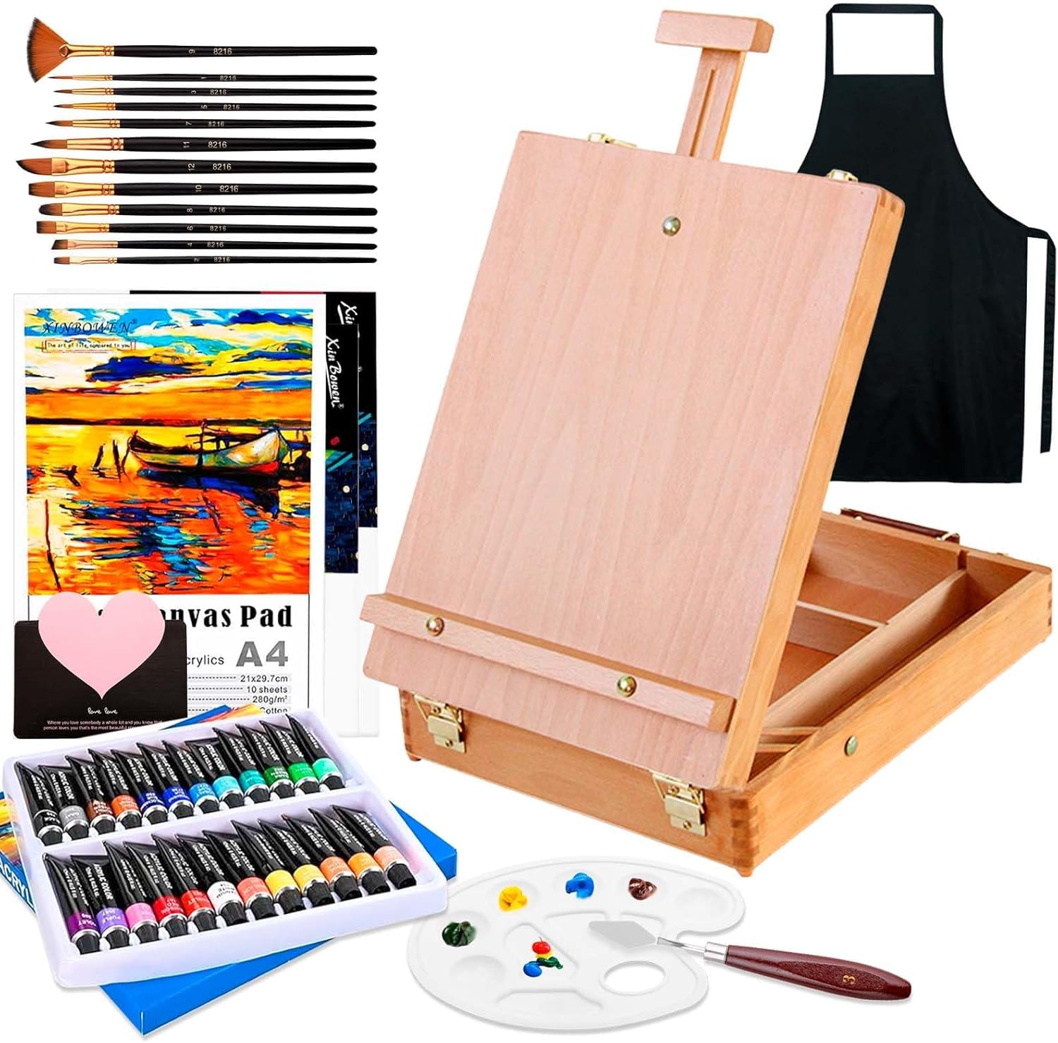 Chevalet Peinture Acrylique 44 Pièces,Fournitures Artistiques,24 Peinture,12 Pinceaux,3 Panneaux de toile,1 Palette,1 Tablier,Spatul,Kit de Peinture pour Artistes,Débutants