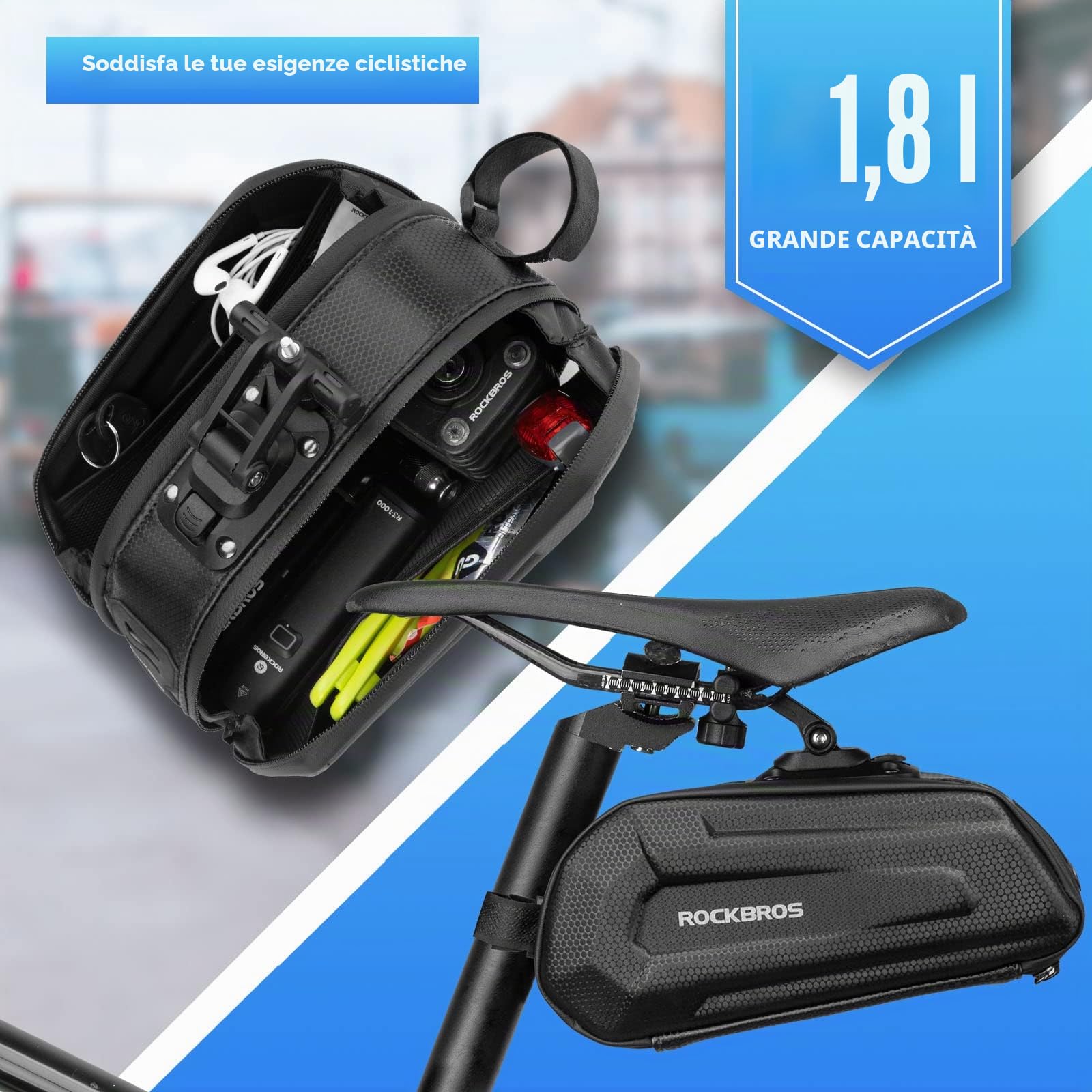 ROCKBROS Borsa da Sella Bici Rigida, Borsa Sottosella per MTB Estetica, Marsupio sotto Sella Bicicletta, Grande Capacità 1,7L, Accessori Ciclismo