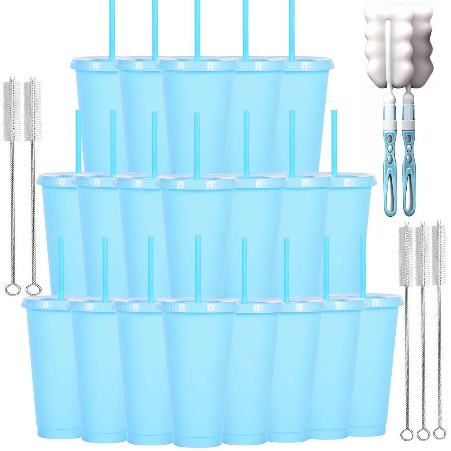 Yisituo 710ml Reusable Plastic Cups, 20 Pack Cold Cups with Lid and Straw, Tumblers Travel Mugs for Adults and Madam Party and Beach, Pool Gatherings (20, Light Blue) โ image 1
