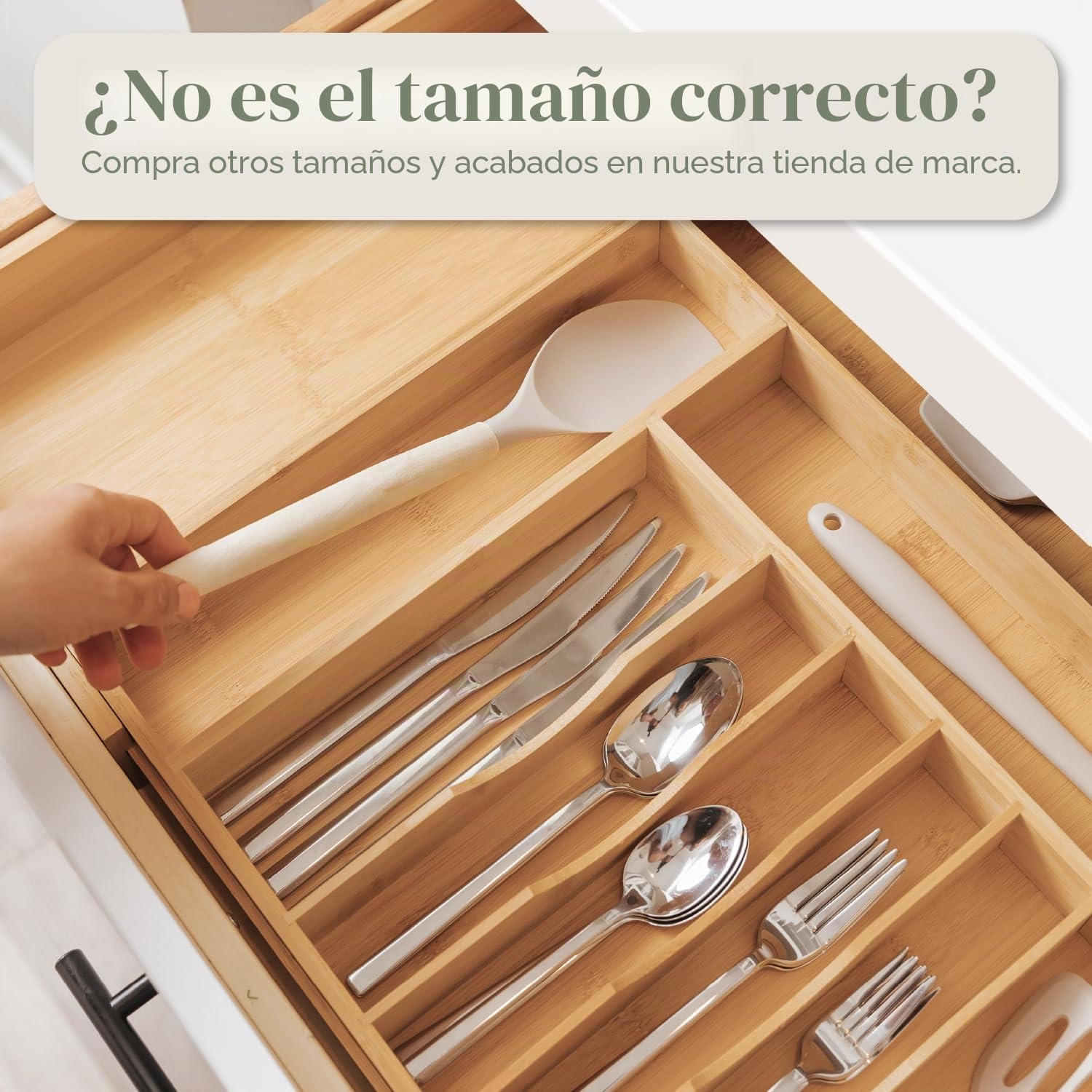KitchenEdge Bandeja de cubiertos y organizador de utensilios para cajones de cocina, ampliable hasta 84 cm de ancho, 11 compartimentos, 100% bambú