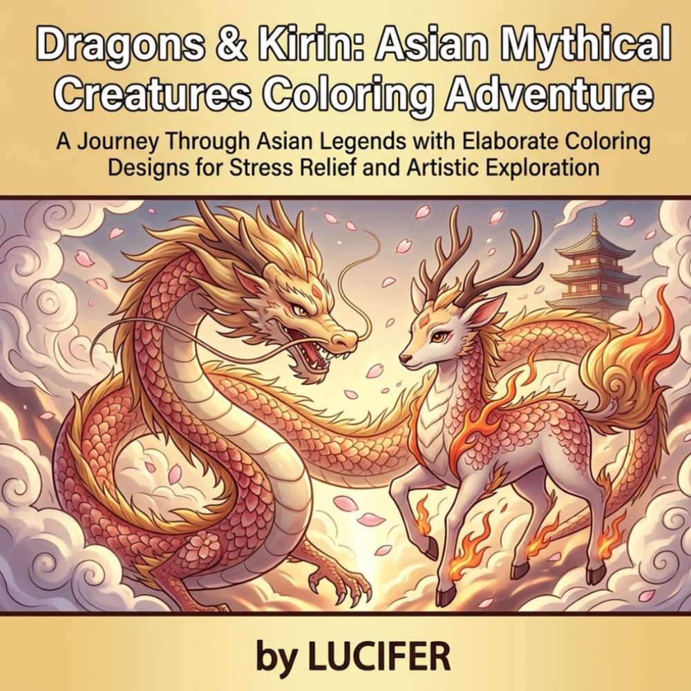Dragons & Kirin: Asian Mythical Creatures Coloring Book: 20 Intricate Coloring Pages of Asian Mythology for Teens & Adults