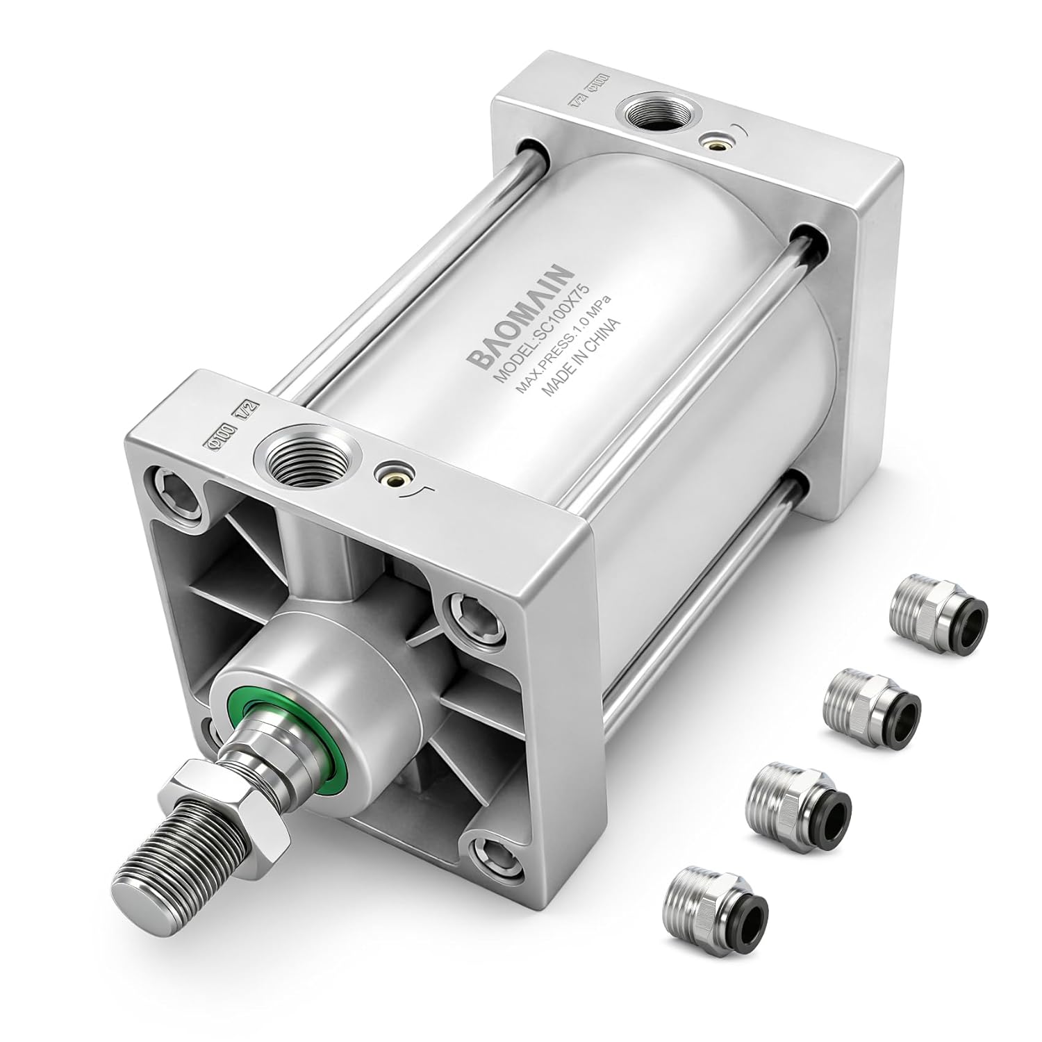 Baomain Pneumatic Air Cylinder SC 100 x 75, PT 1/2 Port, 3.94" Bore, 2.95" Stroke, Single Rod Double Acting, M20X1.5 Threaded Rod, with 4X Push-in Fittings