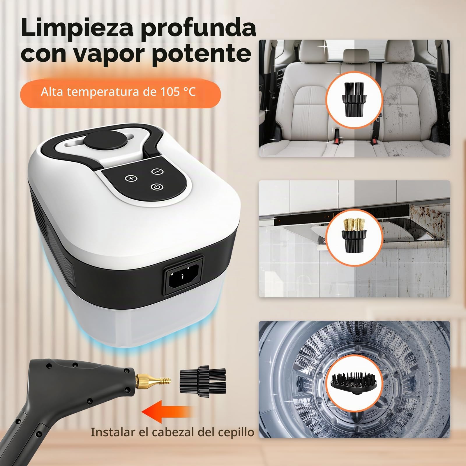 Vaporeta Limpieza Hogar 2500W, Limpiador a vapor multifuncional de alta temperatura para el hogar, Vaporeta de Mano con Depósito de Agua 1200ML, Mango Regulable en 6 Niveles (Blanco y negro)