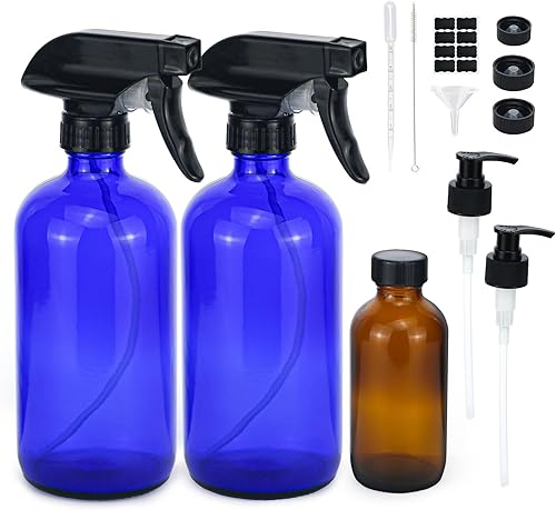 2 botellas rociadoras de vidrio, botella de spray azul vacía recargable de 16 onzas con boquillas de pulverización de niebla fina ajustables,