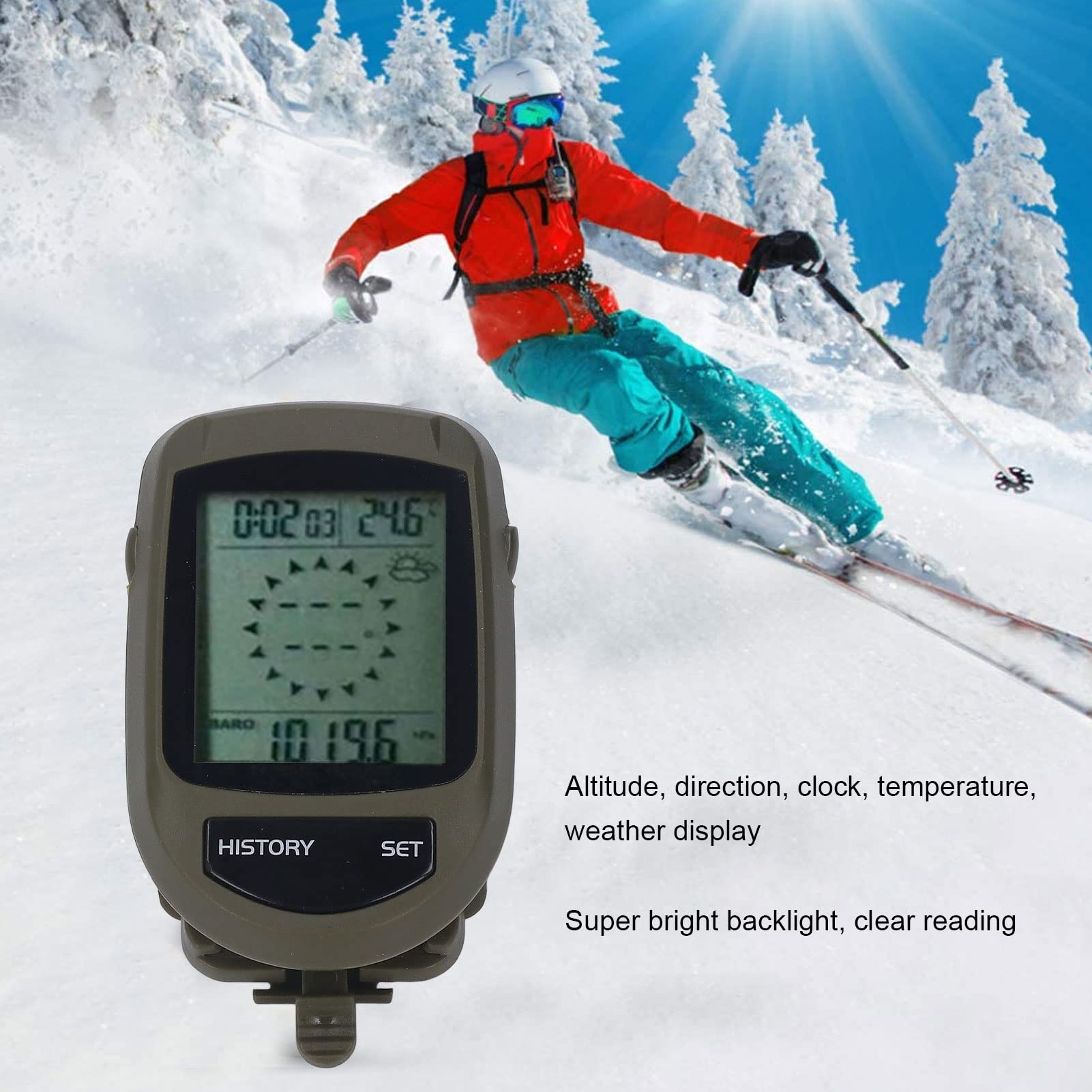 Mini Baromètre Multifonction Altimètre, 8 en 1 LCD Affichage Numérique Altimètre Multifonctionnel Altitude Température Horloge Moniteur Météo, Thermomètre Testeur Barométrique