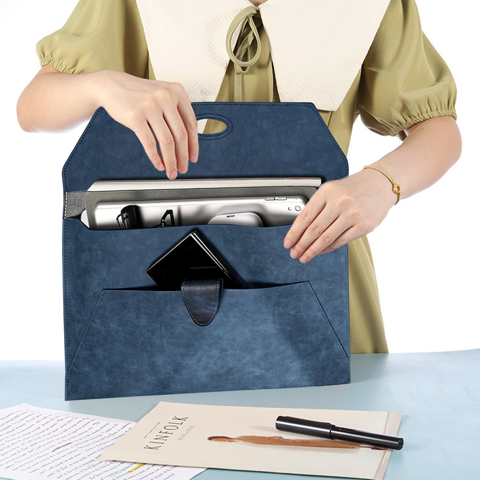 VANRA Carpeta organizadora de documentos de piel sintética, impermeable, con 2 bolsillos, carpeta A4 con cierre magnético de botón a presión (azul marino)