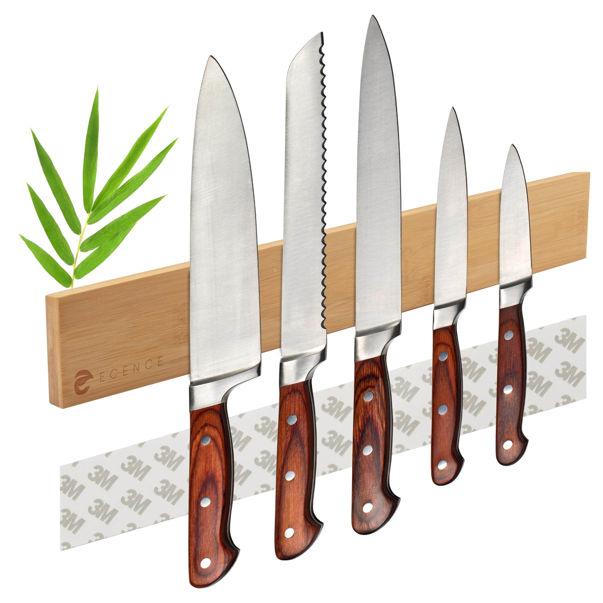 ECENCE Magnetleiste Messer selbstklebend 40 cm – Bambus-Messerleiste mit starkem Magnet
