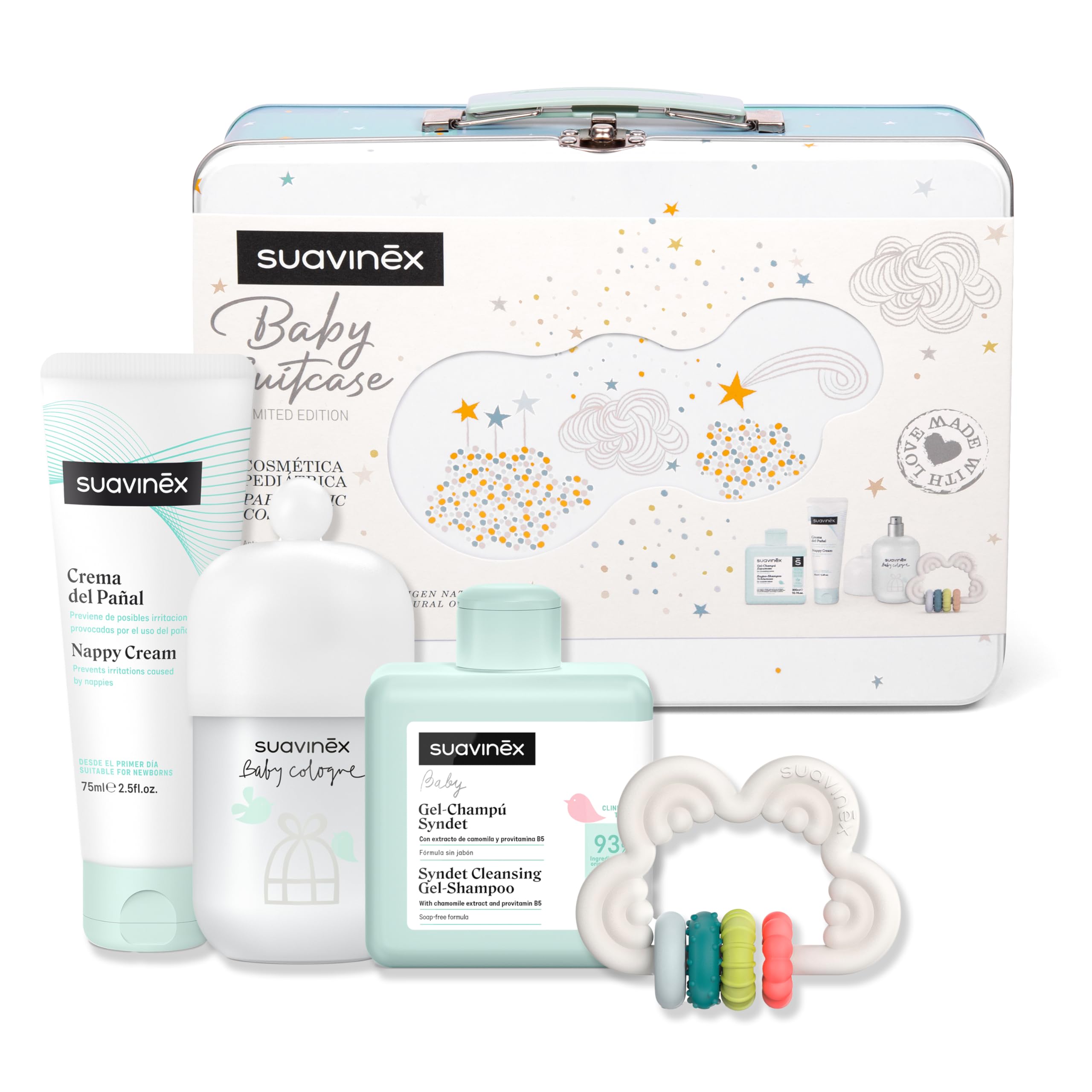 Suavinex, Regalo Bebé Recien Nacido, Canastilla Bebé con Maleta Metálica. Incluye: Baby Cologne 100 ml + Gel Espumoso 300 ml + Crema del Pañal 75 ml + Mordedor de Silicona Flexible, Dreams Azul