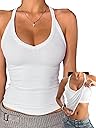 Danysu V Neck Cotton Tank Tops with Built-in Shelf Bra Sleeveless Racerback Fitted Basic Cami Shirts