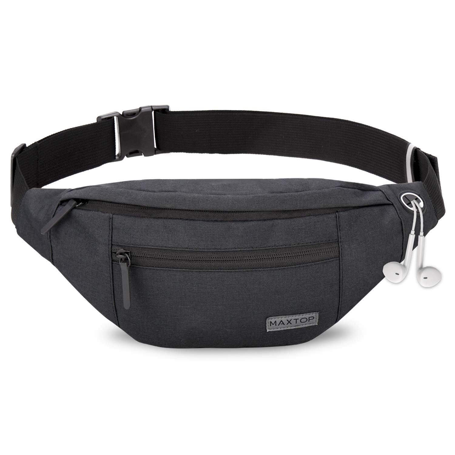 MAXTOP Bumbag Waist Fanny Pack Running Belt for Men Women Unisex Bum Bag with Headphone Jack and 3-Zipper Pockets Adjustable Belt for Outdoors Workout Hiking Gifts for Men Women