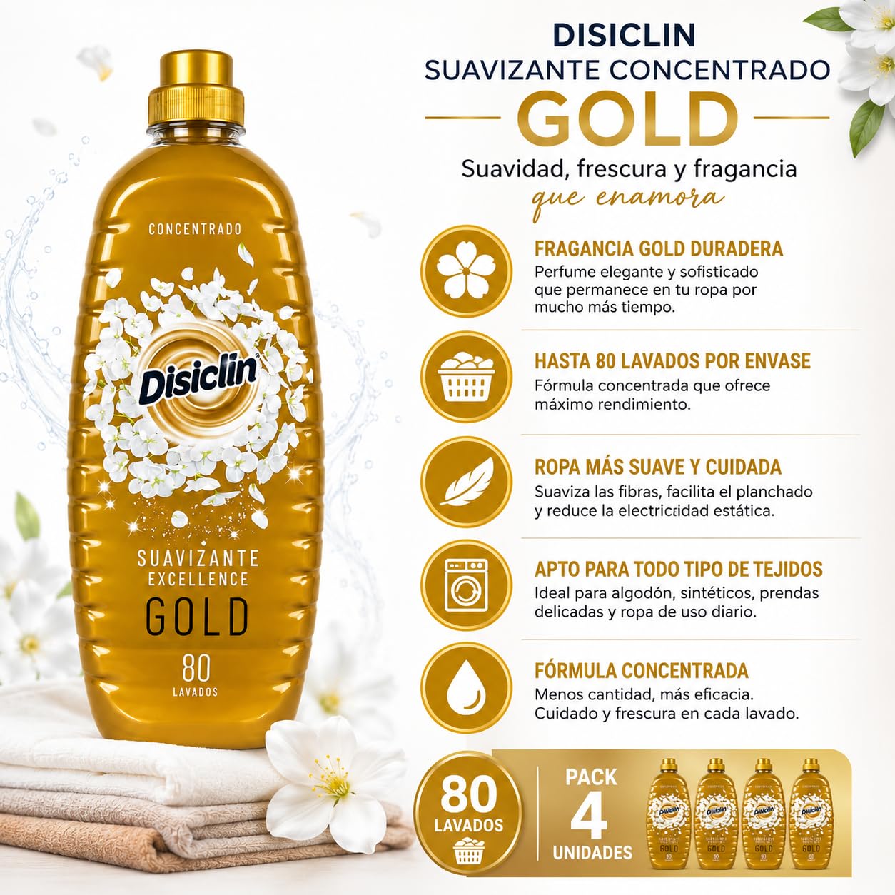 Suavizante Disclin Concentrado Gold 1,4L | Pack 10 Unidades | 800 Lavados | Aroma Duradero | Formato Ahorro 14 L | RASMACOR