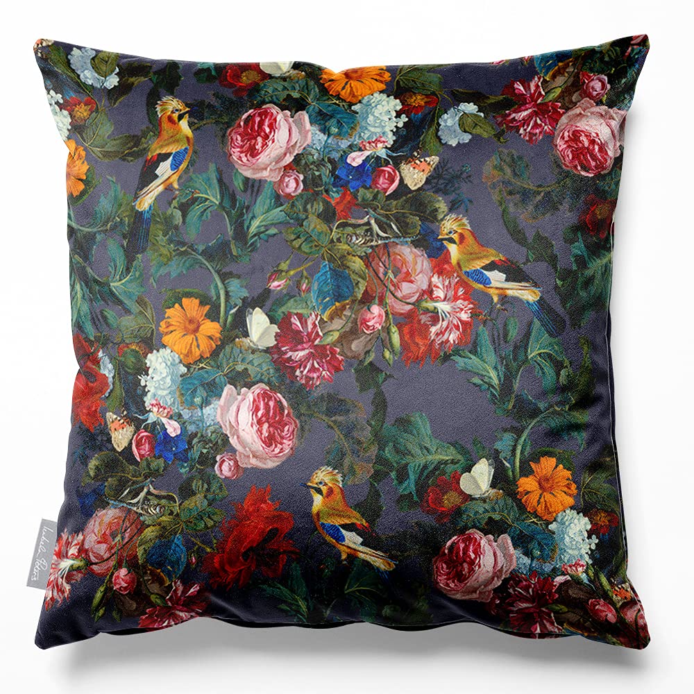 Izabela Peters Graphite Filled Cushions With Covers, Eco-Friendly Velvet, 50 Cm, Birds In Paradise - For Chair, Sofa, Seat