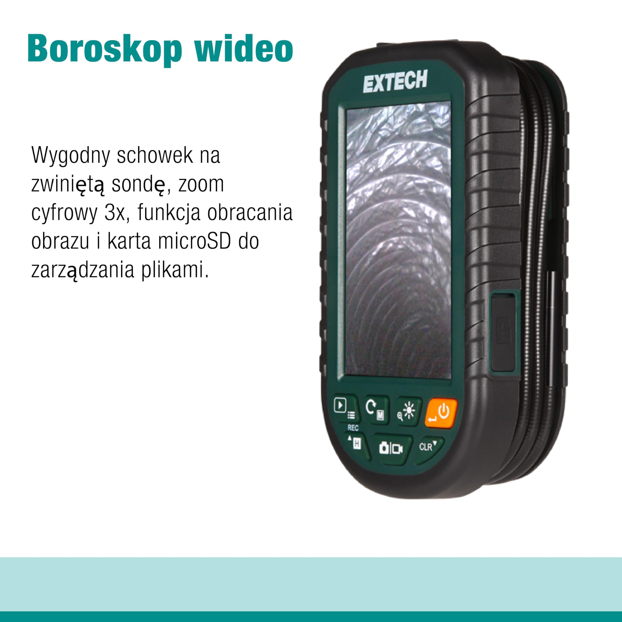 Extech BR95 Kamera inspekcyjna Compact Video Borescope – wodoodporna kamera typu Snake o średnicy 8 mm z oświetleniem, kolorowym monitorem LCD o przekątnej 4.3 cala
