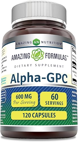 Amazing Formulas Alpha GPC Suplemento 600 mg por porción 120 cápsulas Sin OMG Sin gluten Fabricado en Estados Unidos