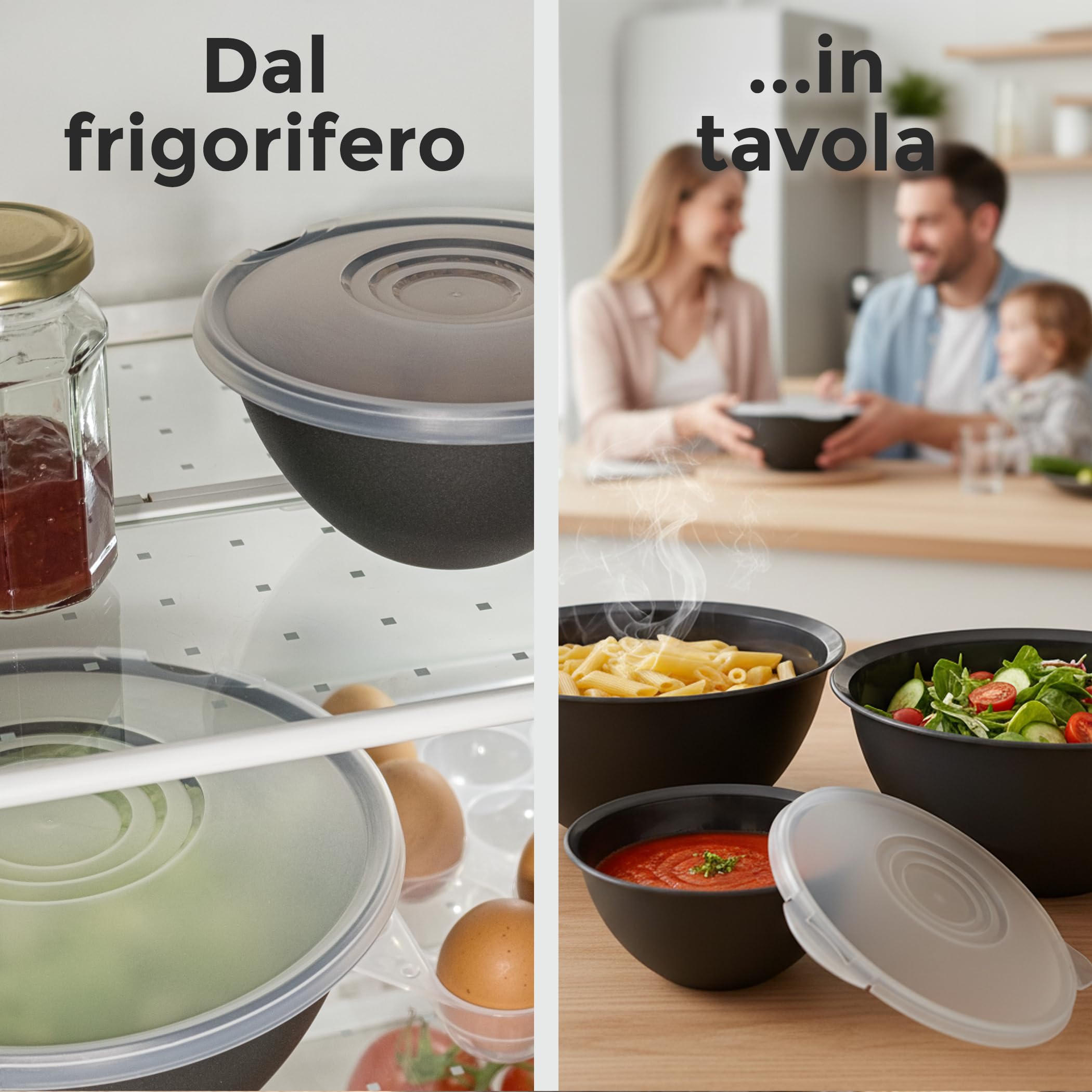 Hausfelder Set di ciotole grande con coperchio, insalatiera plastica, set di ciotole da 0,7-6 L in antracite nero senza BPA, set insalatiere