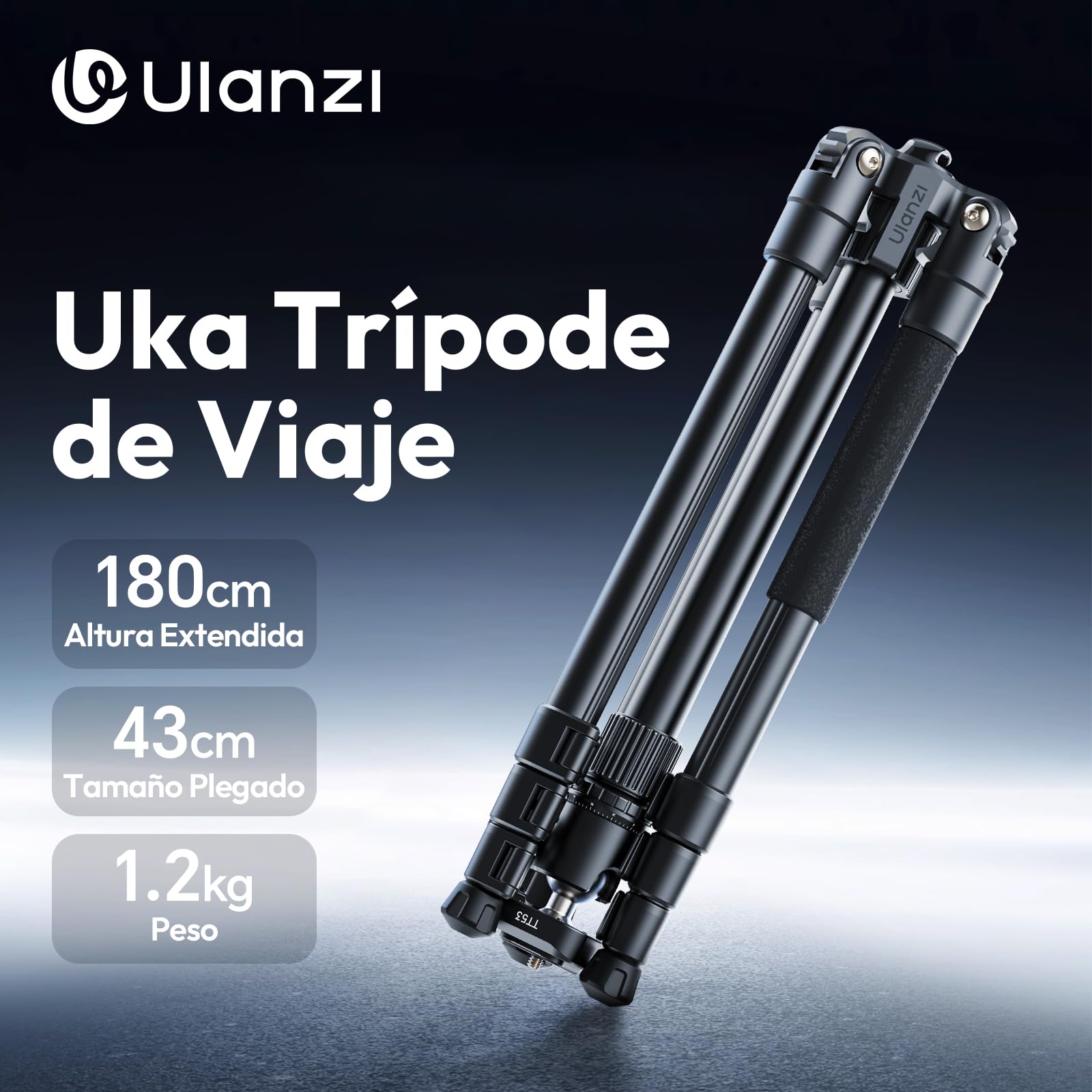 ULANZI TT53 Trípode de Viaje de Aluminio con Cabeza Panorámica de 360° y Liberación Rápida Uka, Trípode Fotográfico con Columna Central Extraíble, Altura Máxima 180CM, 1.24KG