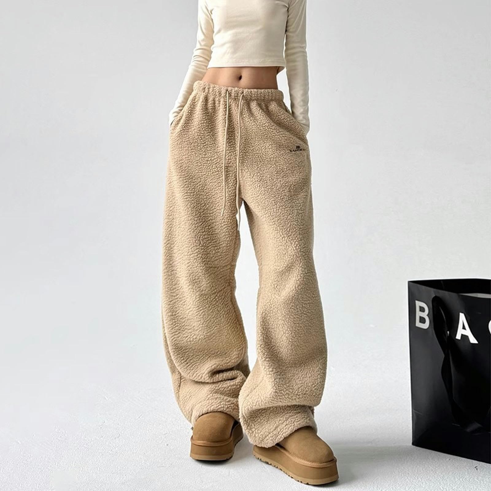 Pantalone Donna Pantaloni Casual Caldi in Vello Polare Donne Inverno Stile Inverno in Stile Pigro Pantaloni Lunghi Versatili-Cachi-m