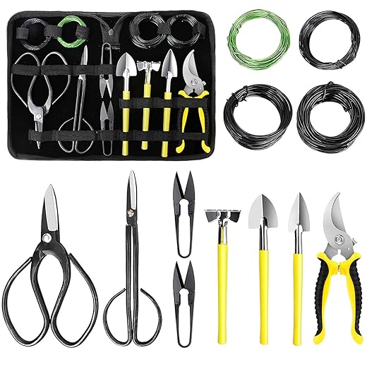 MOSFiATA Bonsai Tools Set 13 Pcs High Carbon Steel Succulent Gardening Trimming Tools Set Include Pruning Shears, Scissors, Mini Rake, Round and Pointed Shovel &Training Wire in PU Leather Bag
