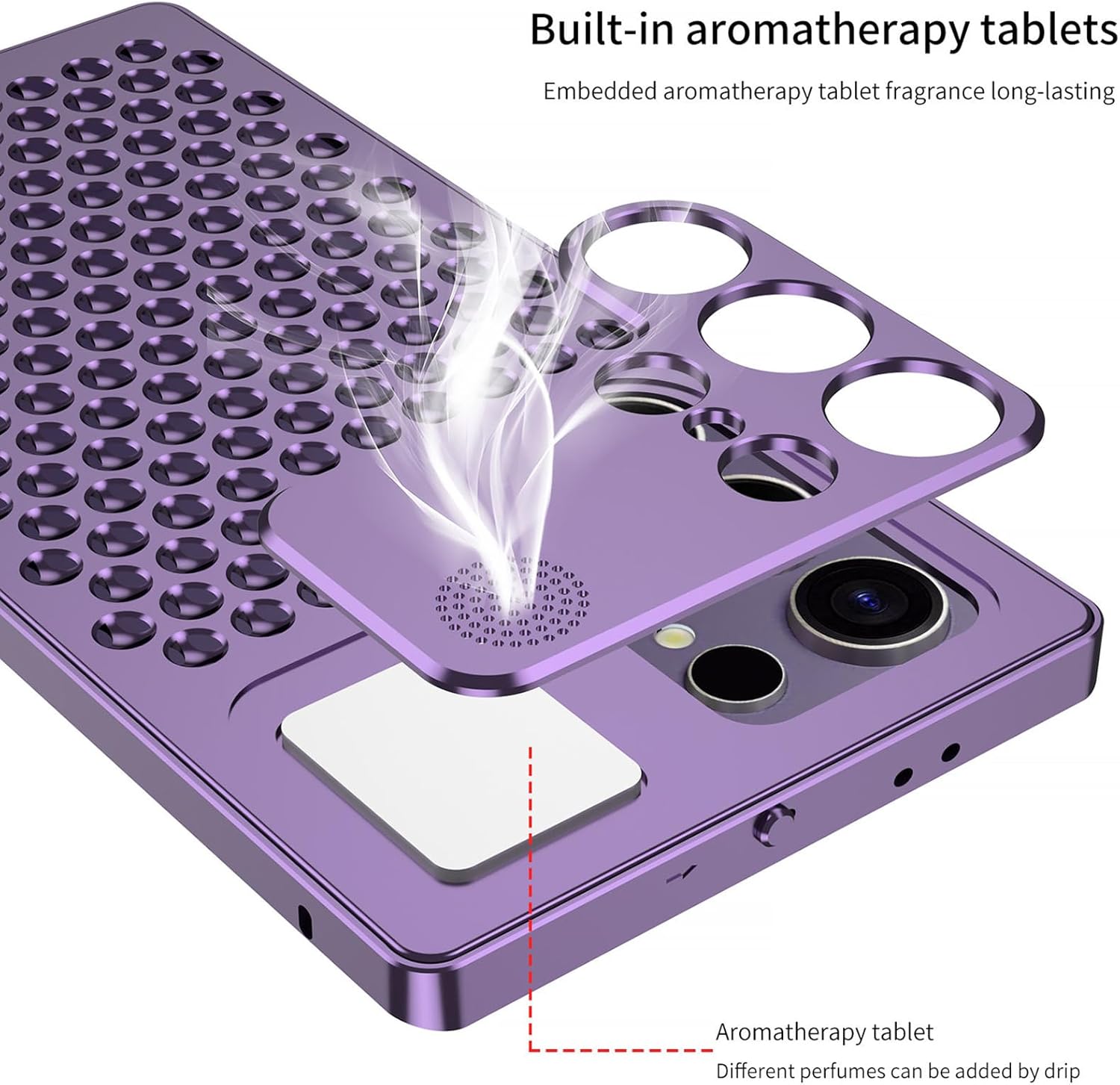 Metal Case for Samsung Galaxy S25 Ultra/S25 Plus/S25, Fine Lens Hole Protective Aluminum Alloy Cover Cooling Hollow Aromatherapy Shell,Black,S25 Ultra