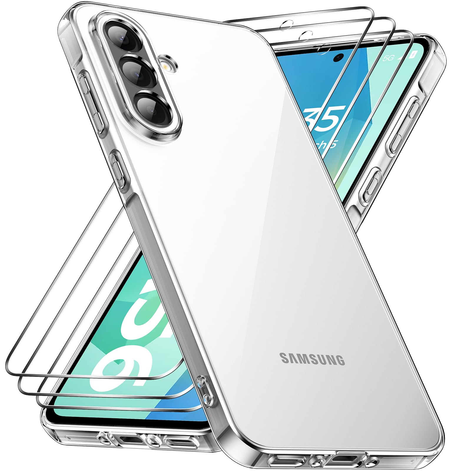 caslord Custodia per Samsung Galaxy A56 5G con 3 Vetri Temperati, Custodia Protettiva Antigiallo Antiurto Antigraffio, Custodia Protettiva in Silicone TPU Trasparente per Galaxy A56, Trasparente