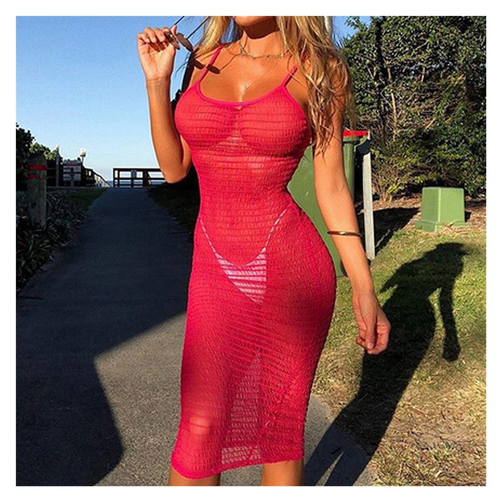 ZZSRJ Summer Women's Sexy Swimwear Loce Stretch Bikini Copertura Skinny Beach Gonna Tunic Copertura a Scialle Abito a Scialle (Color : Red, Dimensione : L)