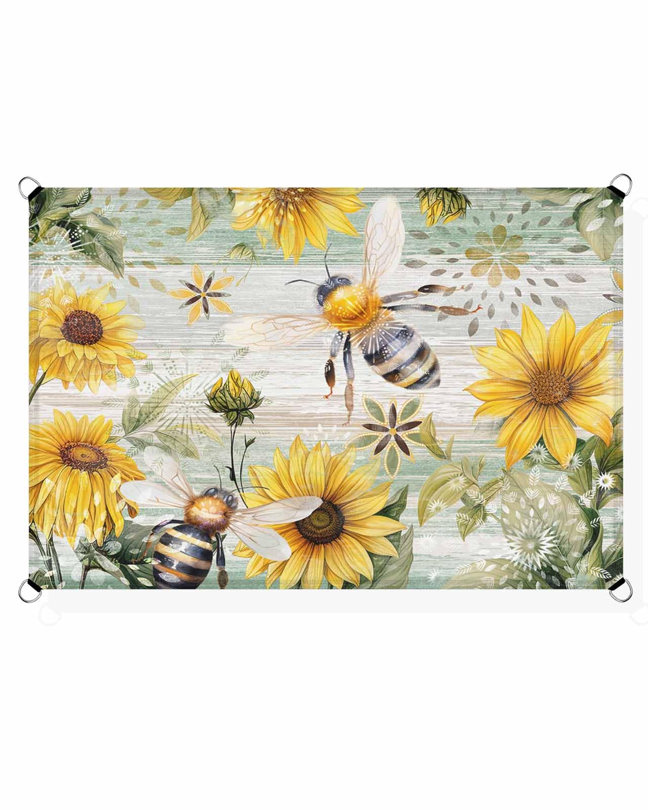 Floral Bee Sun Sail Shades Rectangle Canopy,Sunlight Block Heavy Duty Curved Backyard Shade Cover,Waterproof Sun Shades for Patios Garden Outdoor,6.5'x10' Vintage Yellow Sunflower Farmhouse Wood