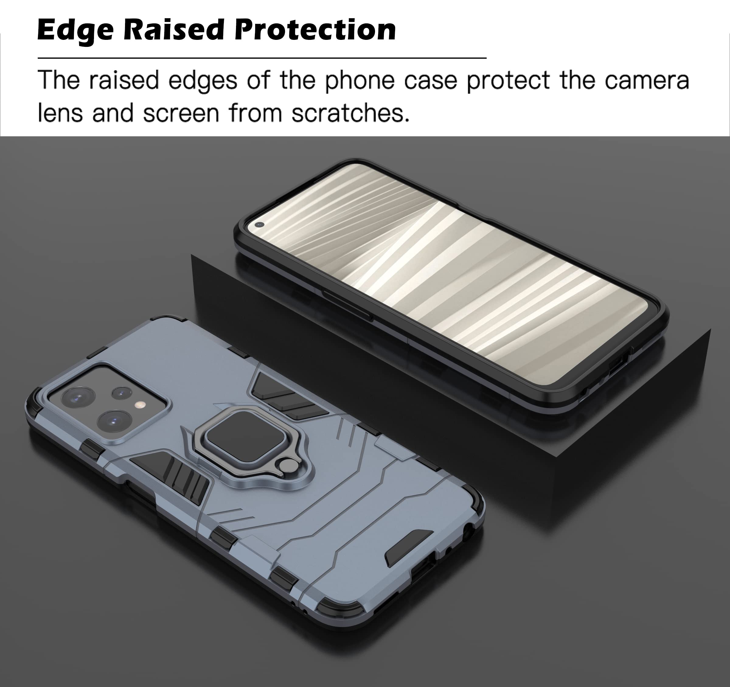 COMAKU Cover Armor per Realme 9 5G / Realme 9 Pro, Custodia TPU+PC Antiurto con Anello Supporto - Blu