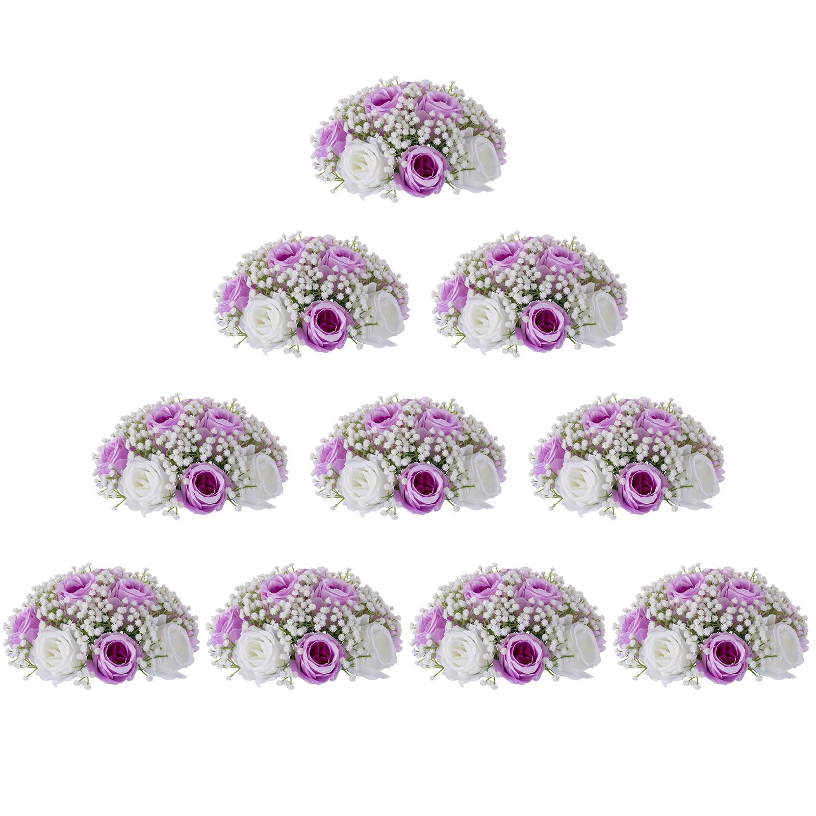 BLOSMON Fake Flowers Ball Wedding Centerpieces 10 Pcs Lilac Rose Babys Breath Artificial Flowers Center Pieces Decoration for Table Silk Kissing Floral Bouquet Arrangements for Home Party DIY Decor