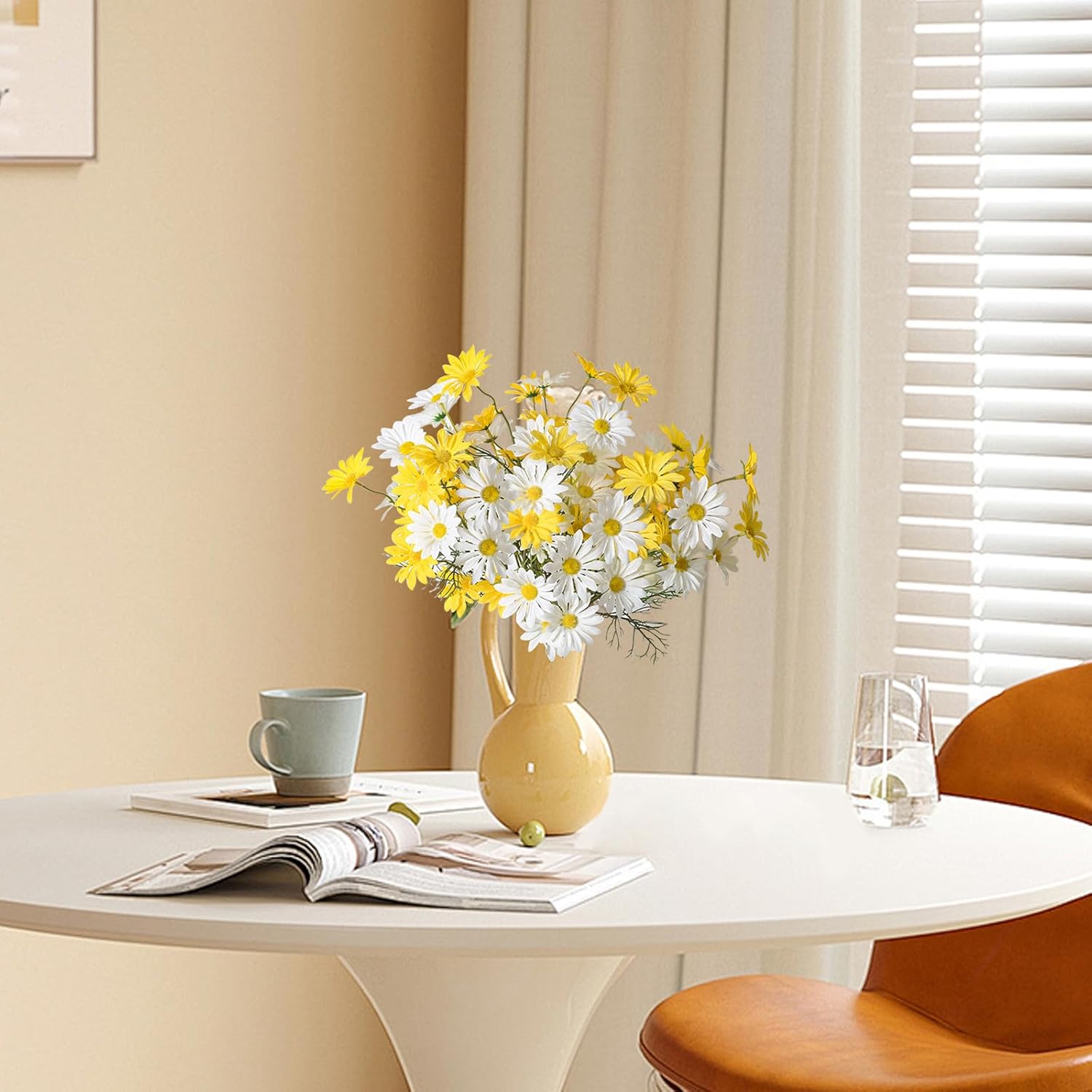 Artificial Daisy Flowers 12Pcs Artificial Flowers Silk Daisies with Stems Real Look for Home Wedding Garden Vase Decor (White+Yellow) - Image 5
