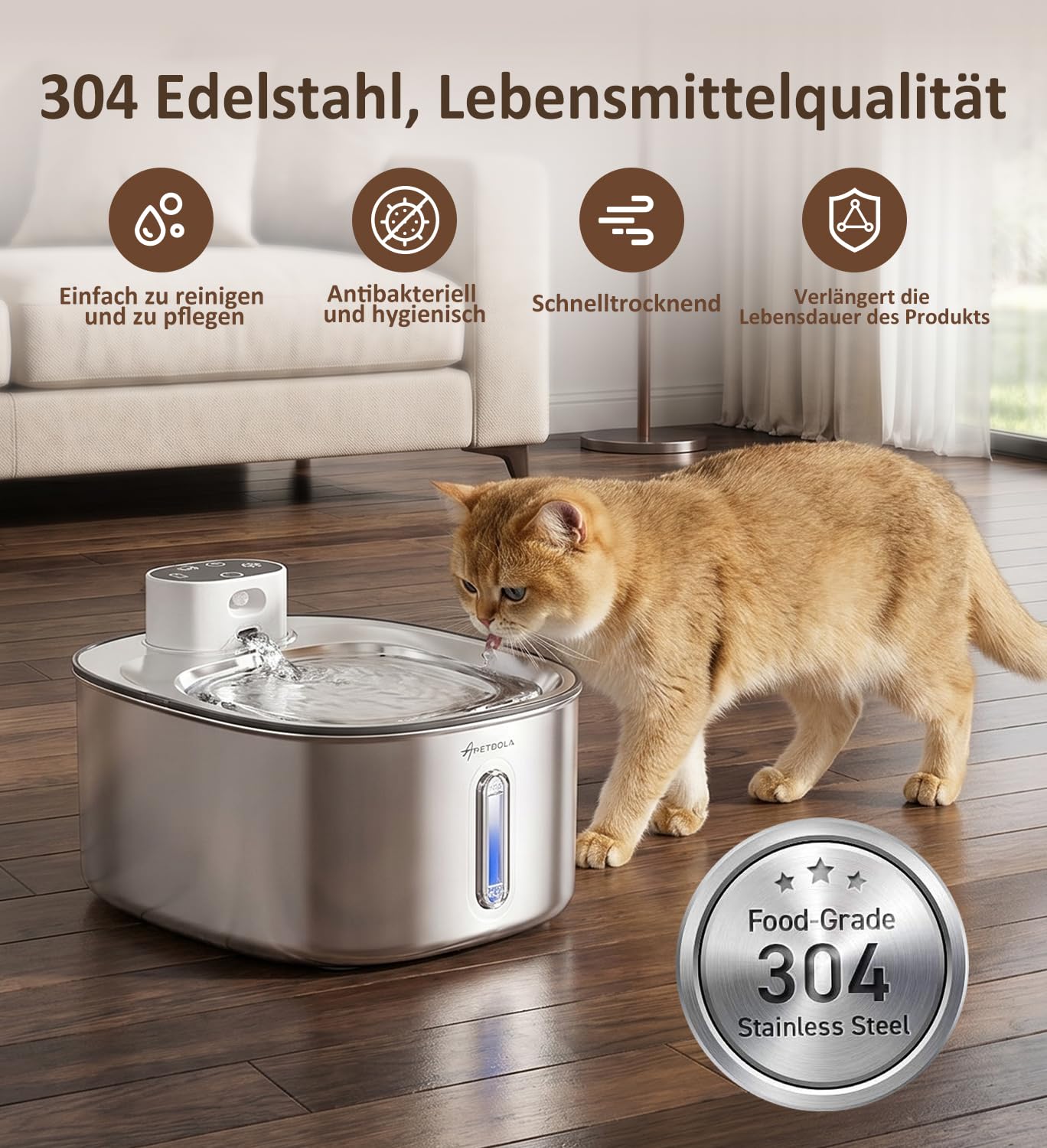 Apetdola FS11PRO Katzenbrunnen aus Edelstahl, 152 FL. oz. / 4,5 L kabelloser Katzenbrunnen, mit 5000-mAh-Akku betriebener Trinkbrunnen für Katzen und Hunde, Ultra‑leise