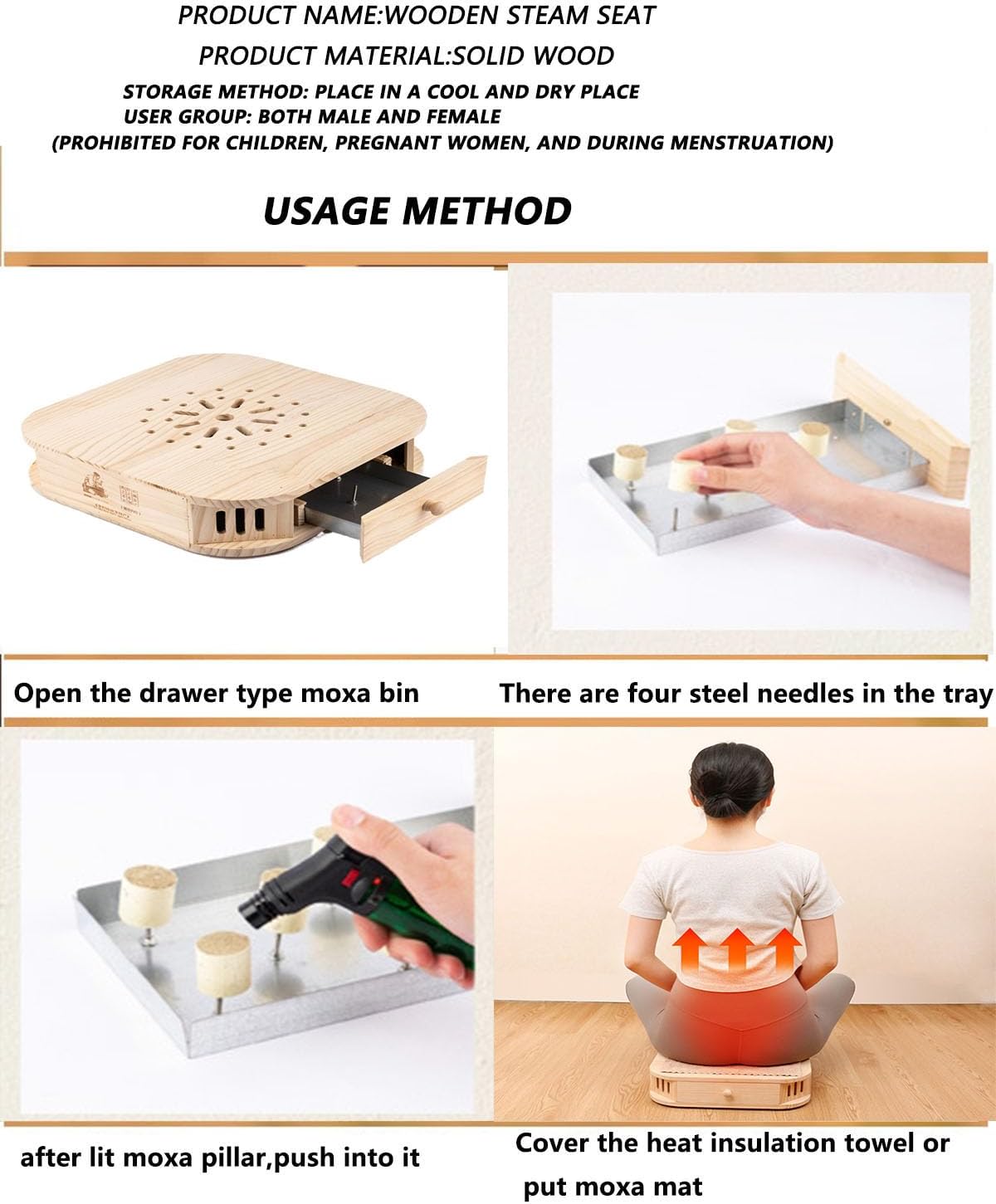 Moxa Cone Burner Box Moxibustion Sit Chair Solid Wood Stool | Smokeless Herbal Steam Seat, Portable Moxibustion Tool, Body Relax, For HIPS, Waist and Abdomen