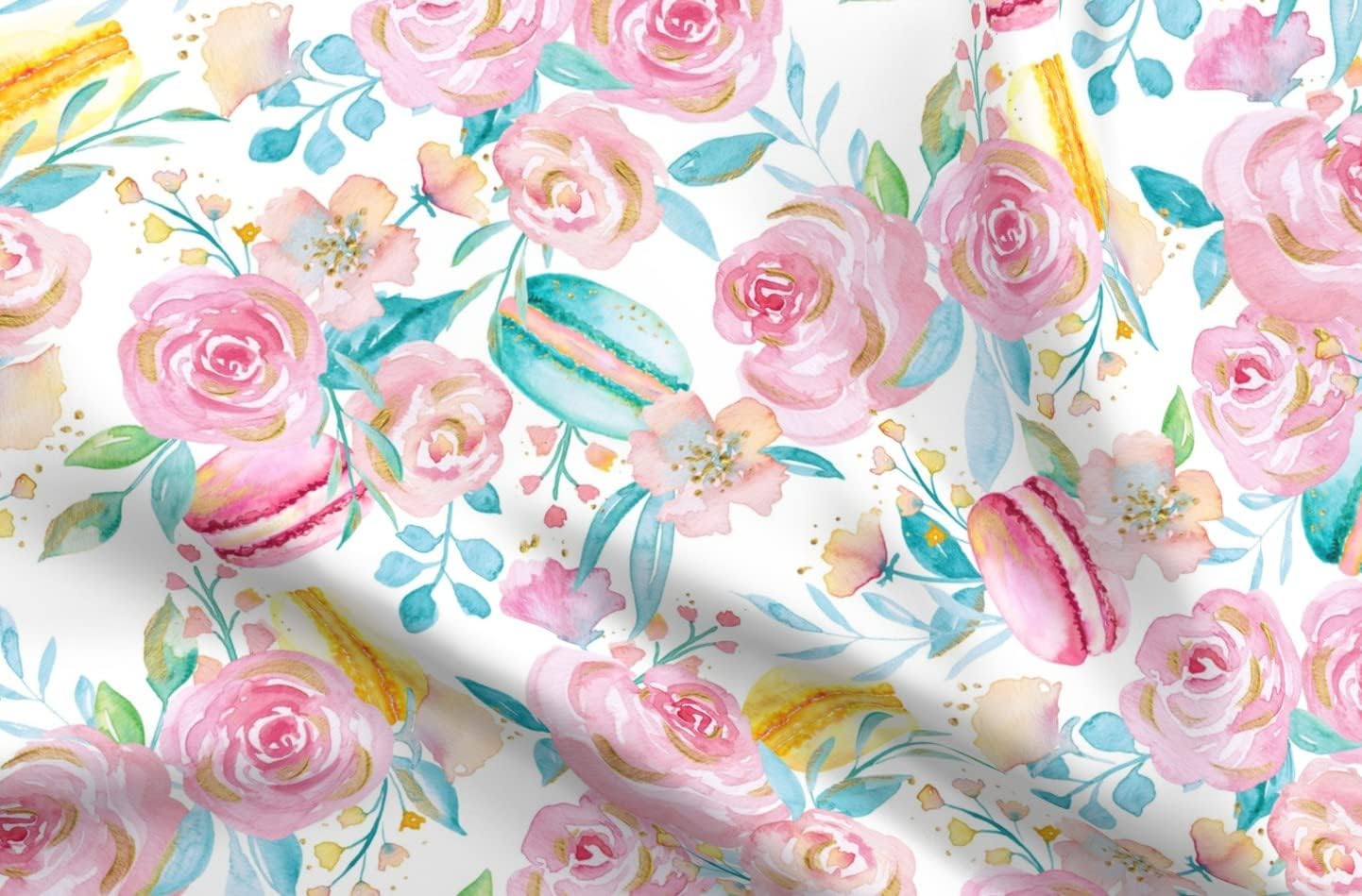 Spoonflower Fabric - Macaron Bouquet Retro Gold Pretty Roses Pastel Printed on Organic Cotton Sateen Fabric by The Yard - Sewing Quilting Apparel Home Decor